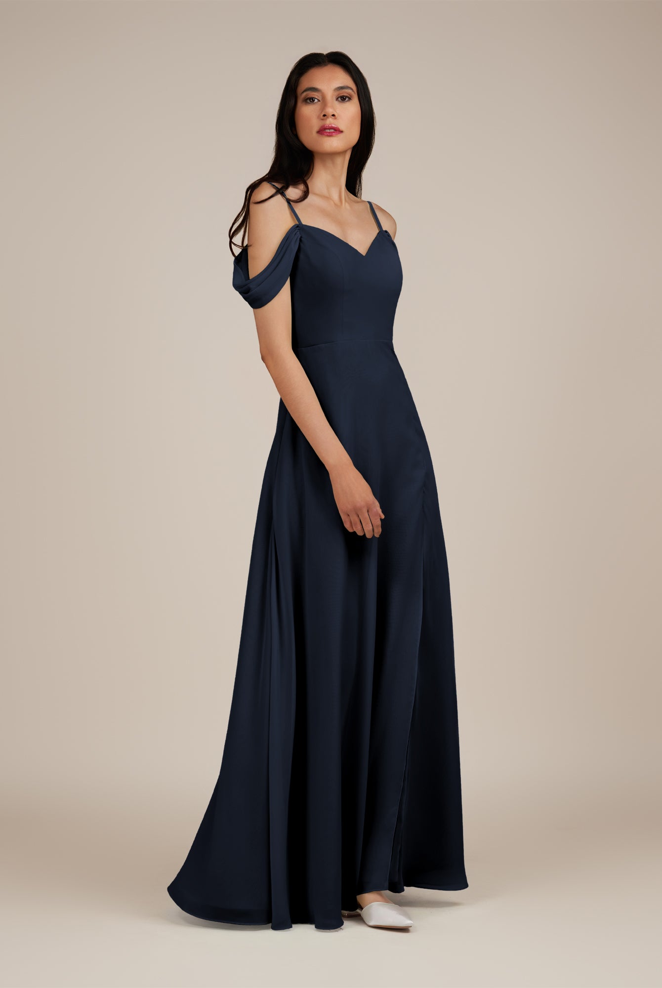 KissDress-Agate Dark Navy A Line Chiffon Off the Shoulder Long Bridesmaid Dress