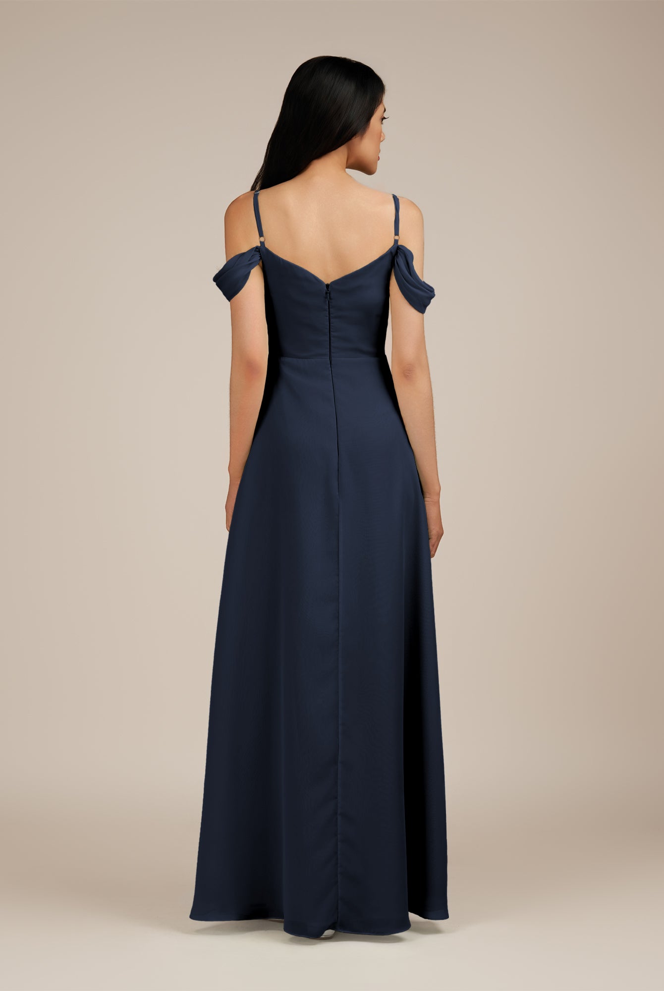 KissDress-Agate Dark Navy A Line Chiffon Off the Shoulder Long Bridesmaid Dress