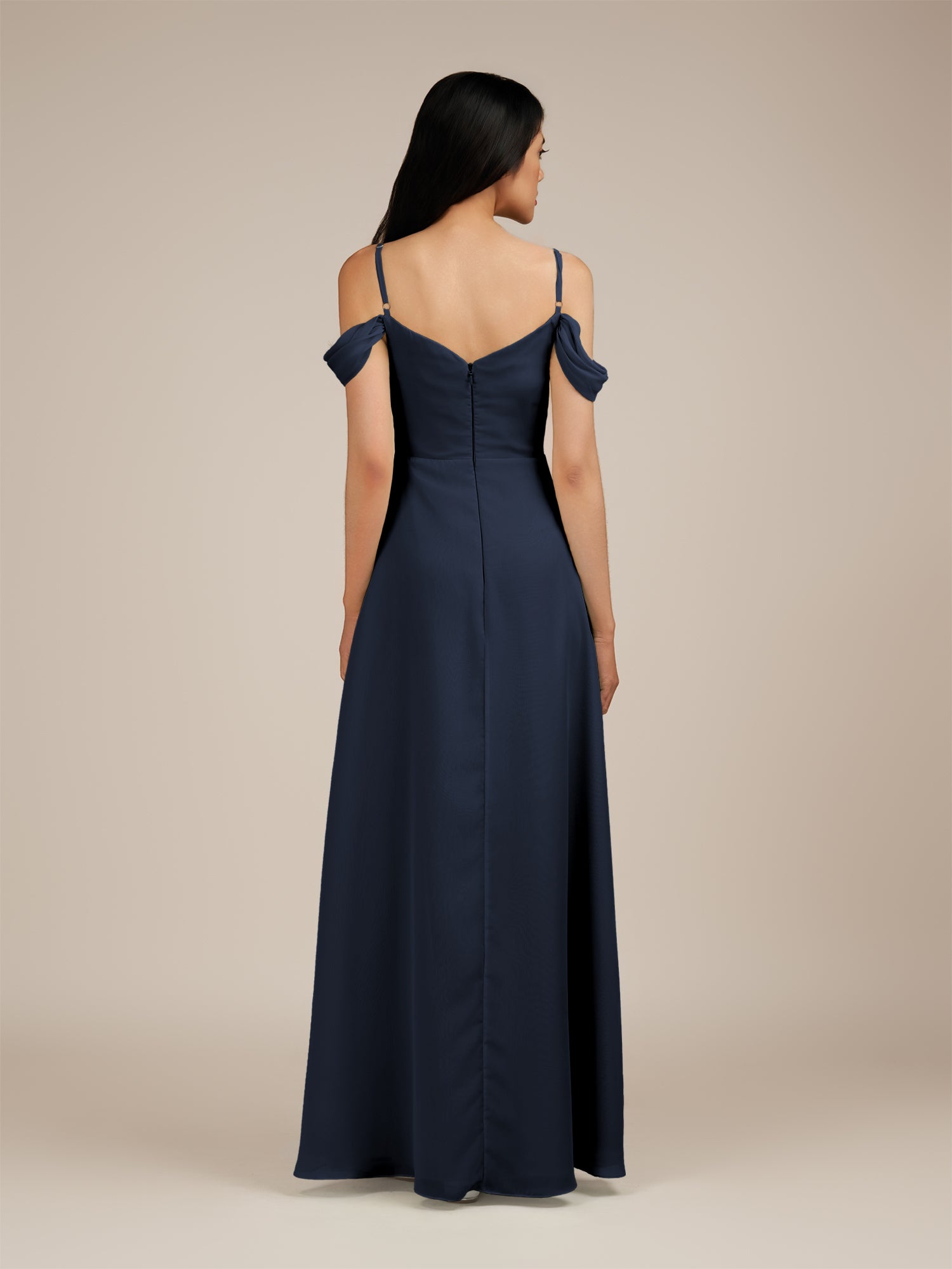 KissDress-Agate Dark Navy A Line Chiffon Off the Shoulder Long Bridesmaid Dress
