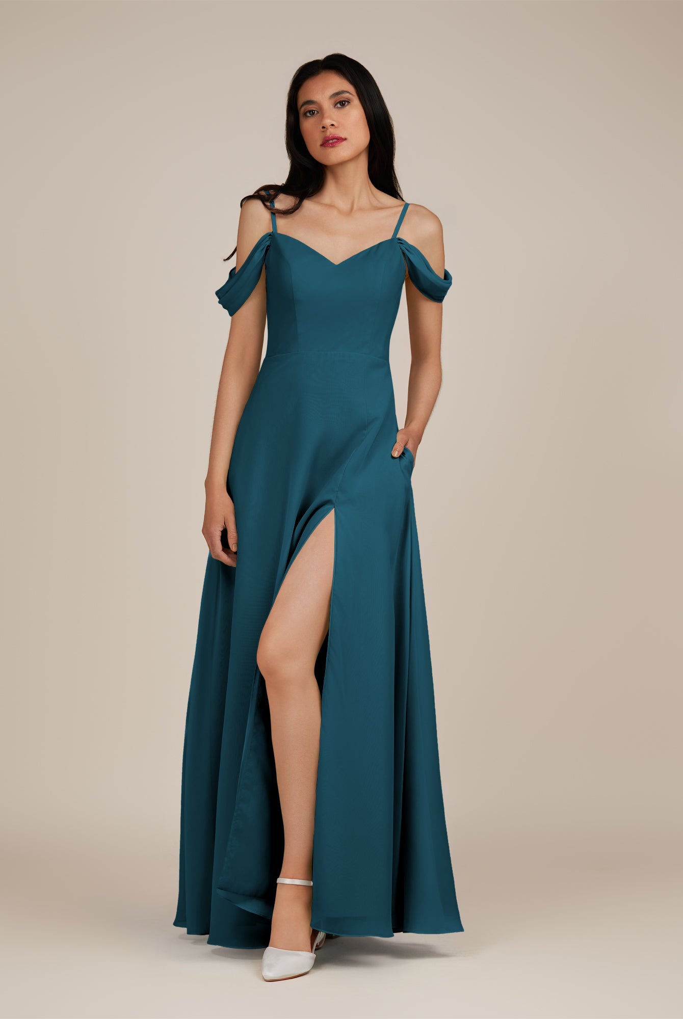 KissDress-Agate Dark Teal A Line Chiffon Off the Shoulder Long Bridesmaid Dress