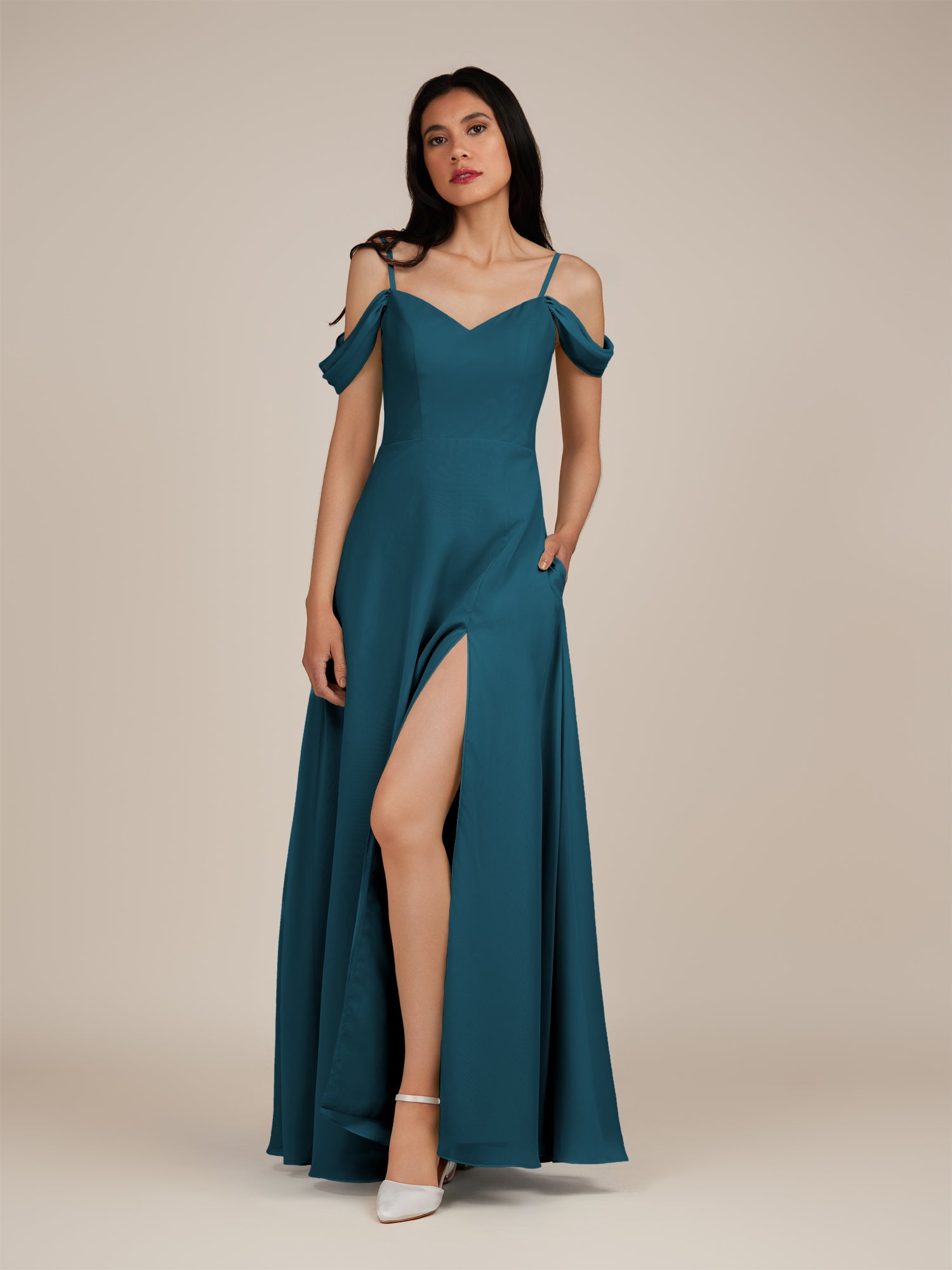 KissDress-Agate Dark Teal A Line Chiffon Off the Shoulder Long Bridesmaid Dress