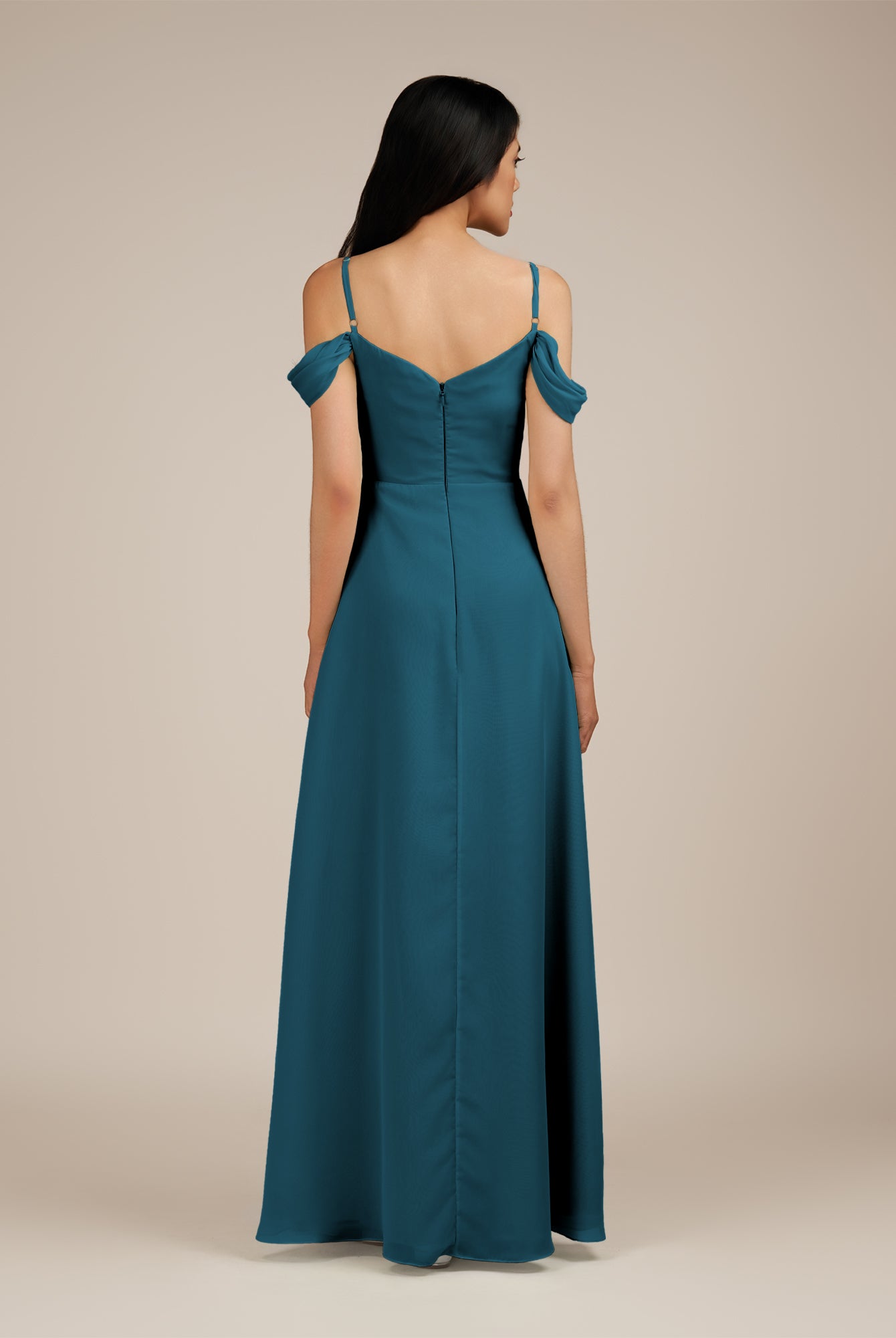 KissDress-Agate Dark Teal A Line Chiffon Off the Shoulder Long Bridesmaid Dress