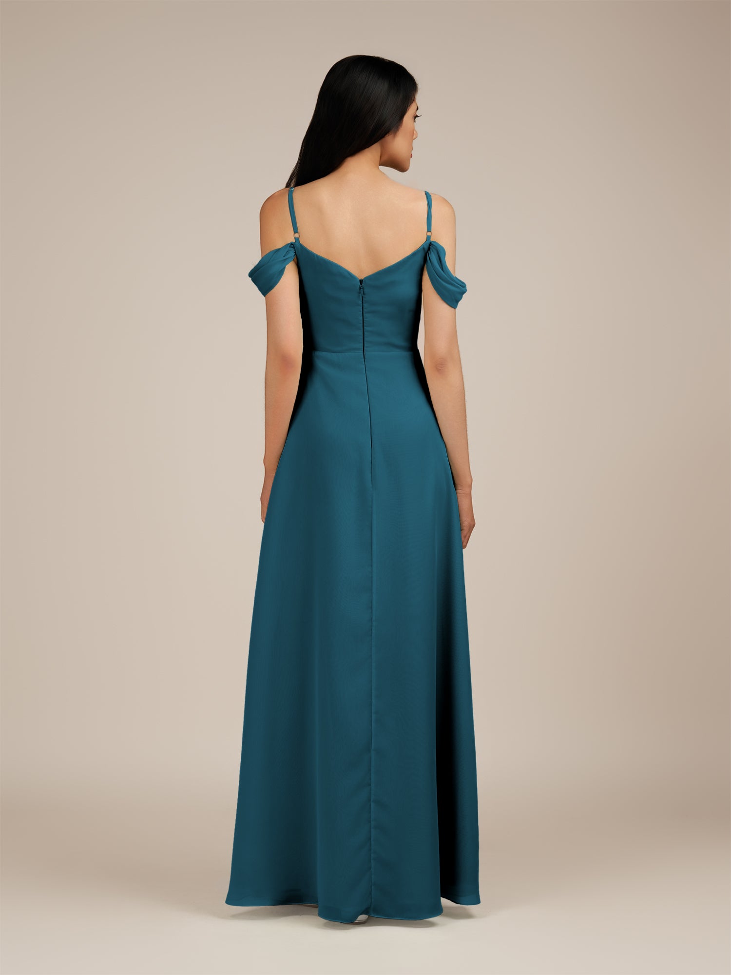 KissDress-Agate Dark Teal A Line Chiffon Off the Shoulder Long Bridesmaid Dress