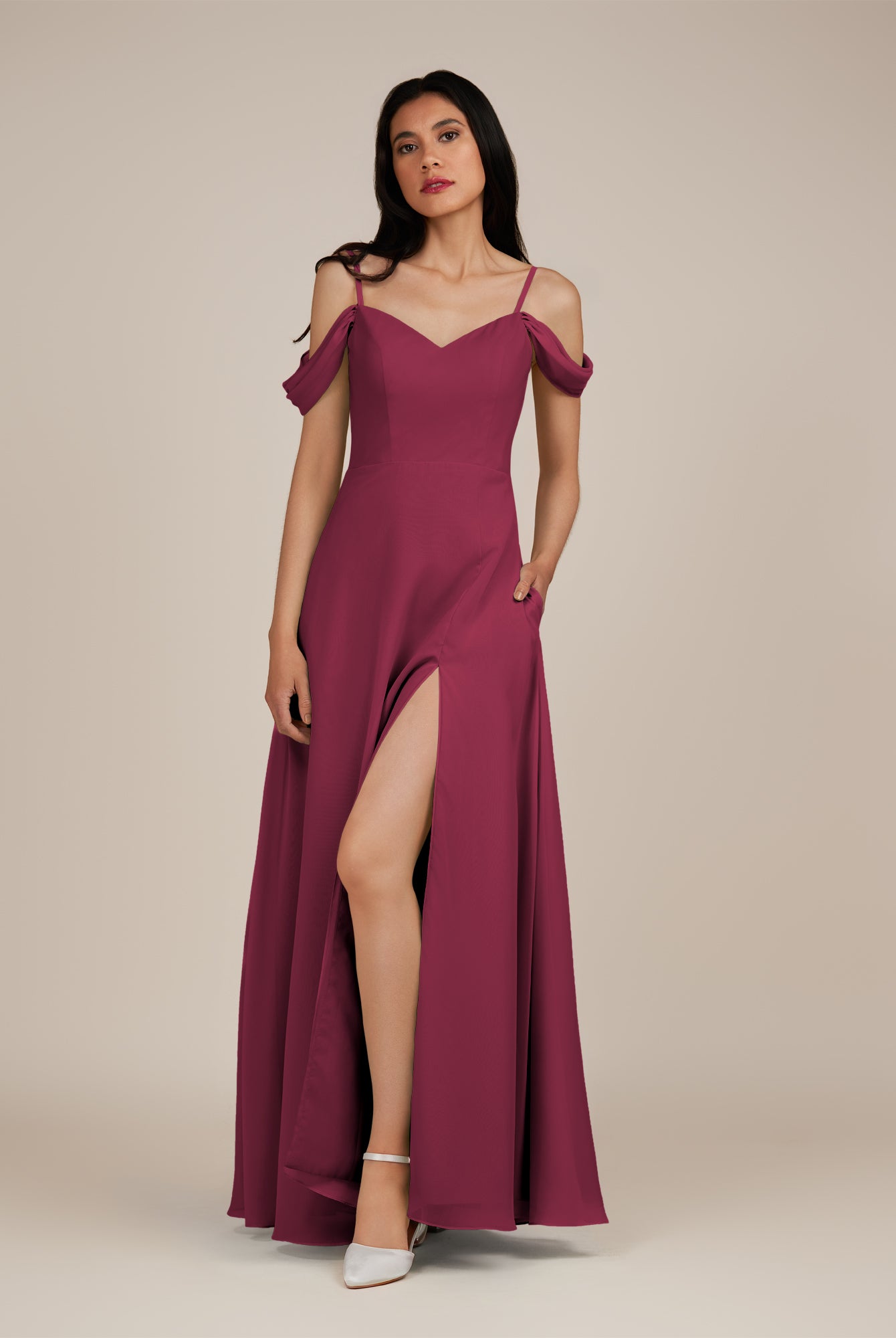 KissDress-Agate Desert Rose A Line Chiffon Off the Shoulder Long Bridesmaid Dress