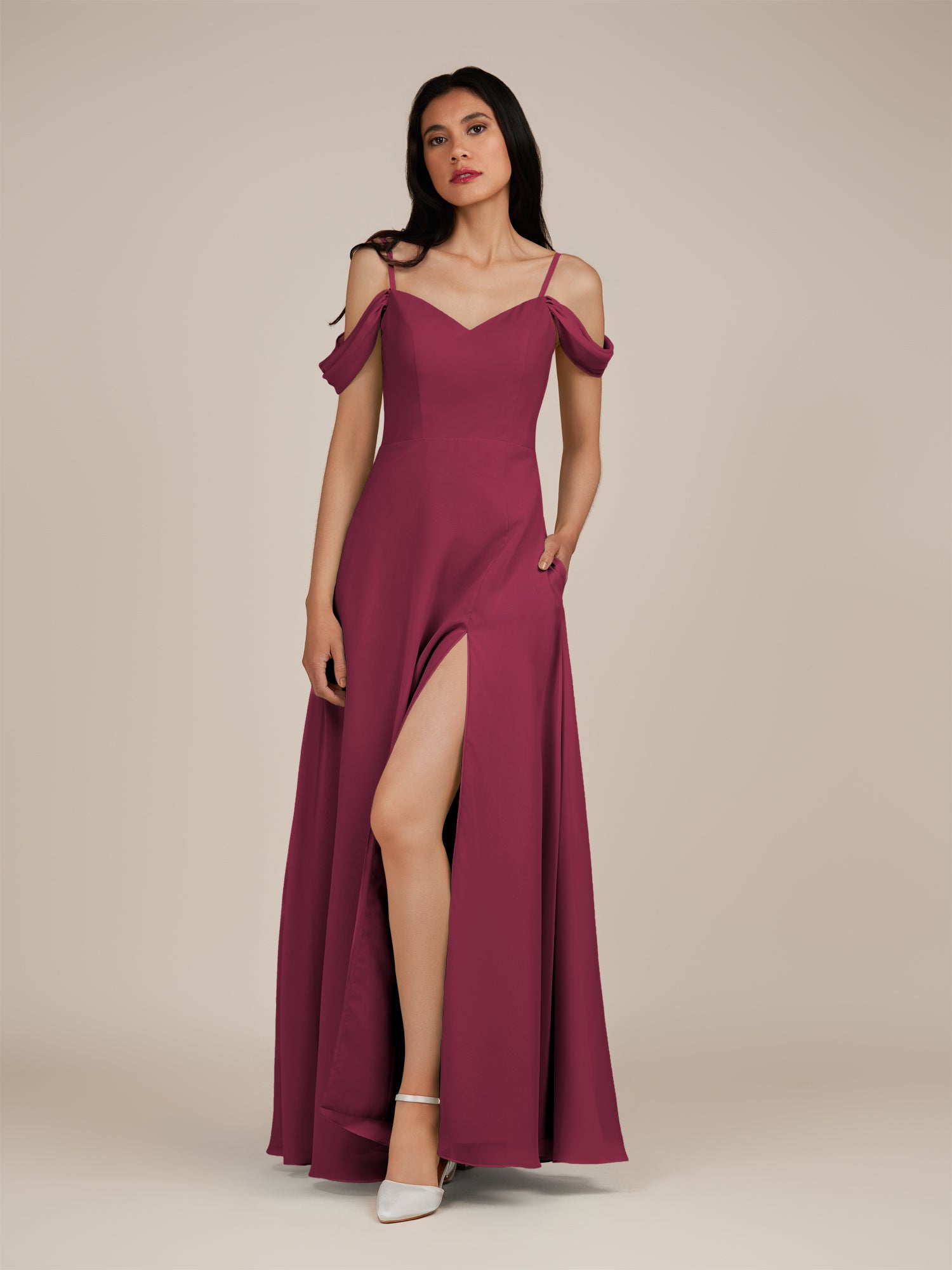 KissDress-Agate Desert Rose A Line Chiffon Off the Shoulder Long Bridesmaid Dress