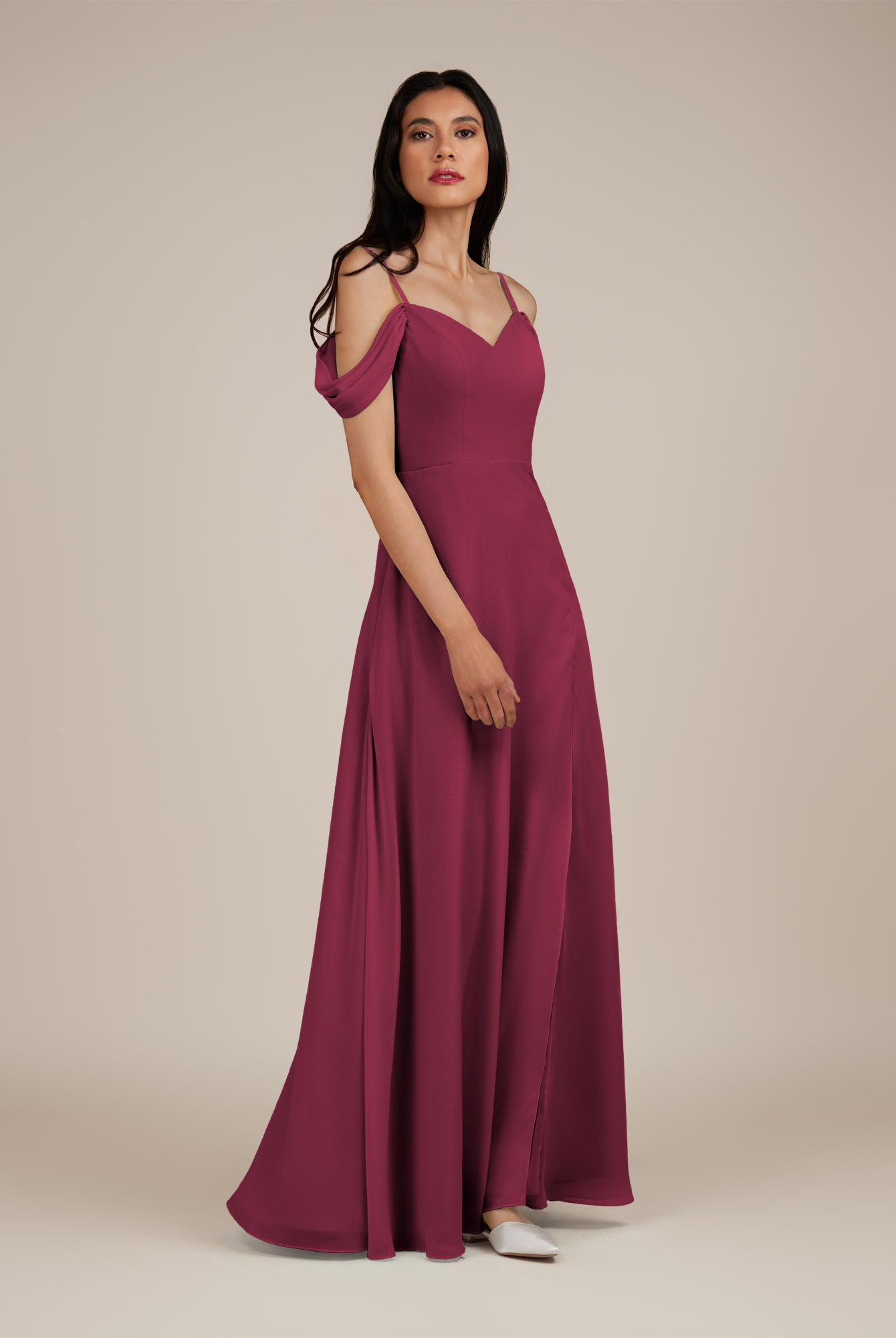 KissDress-Agate Desert Rose A Line Chiffon Off the Shoulder Long Bridesmaid Dress
