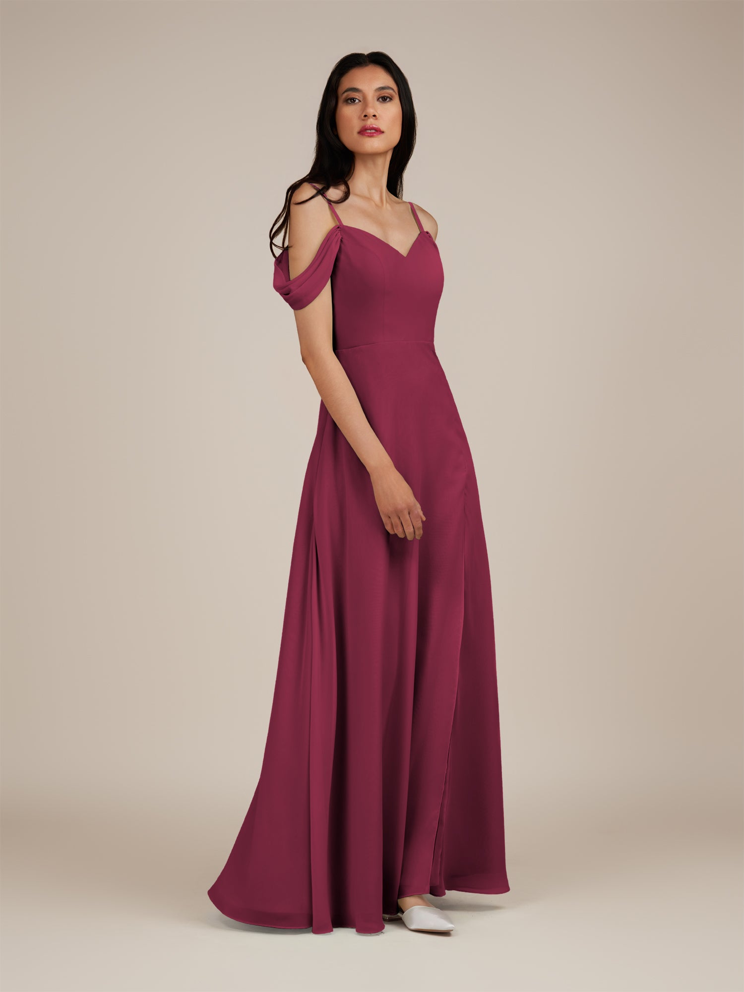 KissDress-Agate Desert Rose A Line Chiffon Off the Shoulder Long Bridesmaid Dress