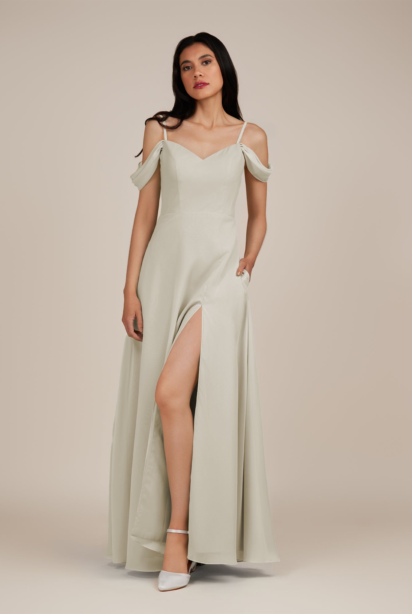 KissDress-Agate Dove Gray A Line Chiffon Off the Shoulder Long Bridesmaid Dress