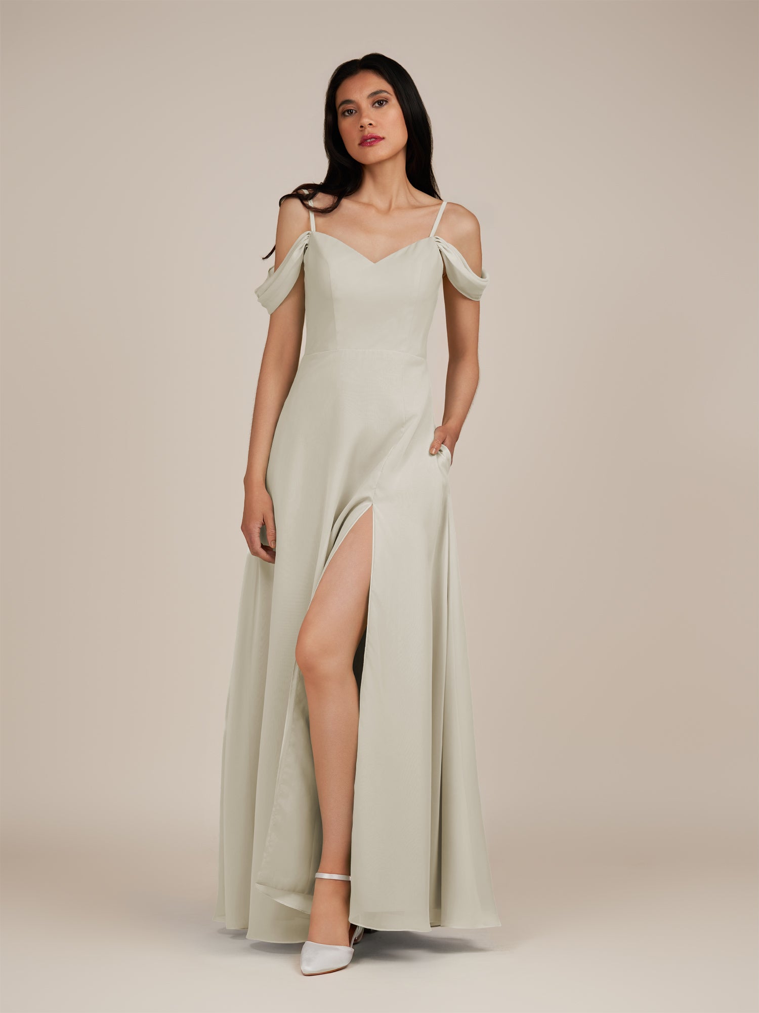 KissDress-Agate Dove Gray A Line Chiffon Off the Shoulder Long Bridesmaid Dress