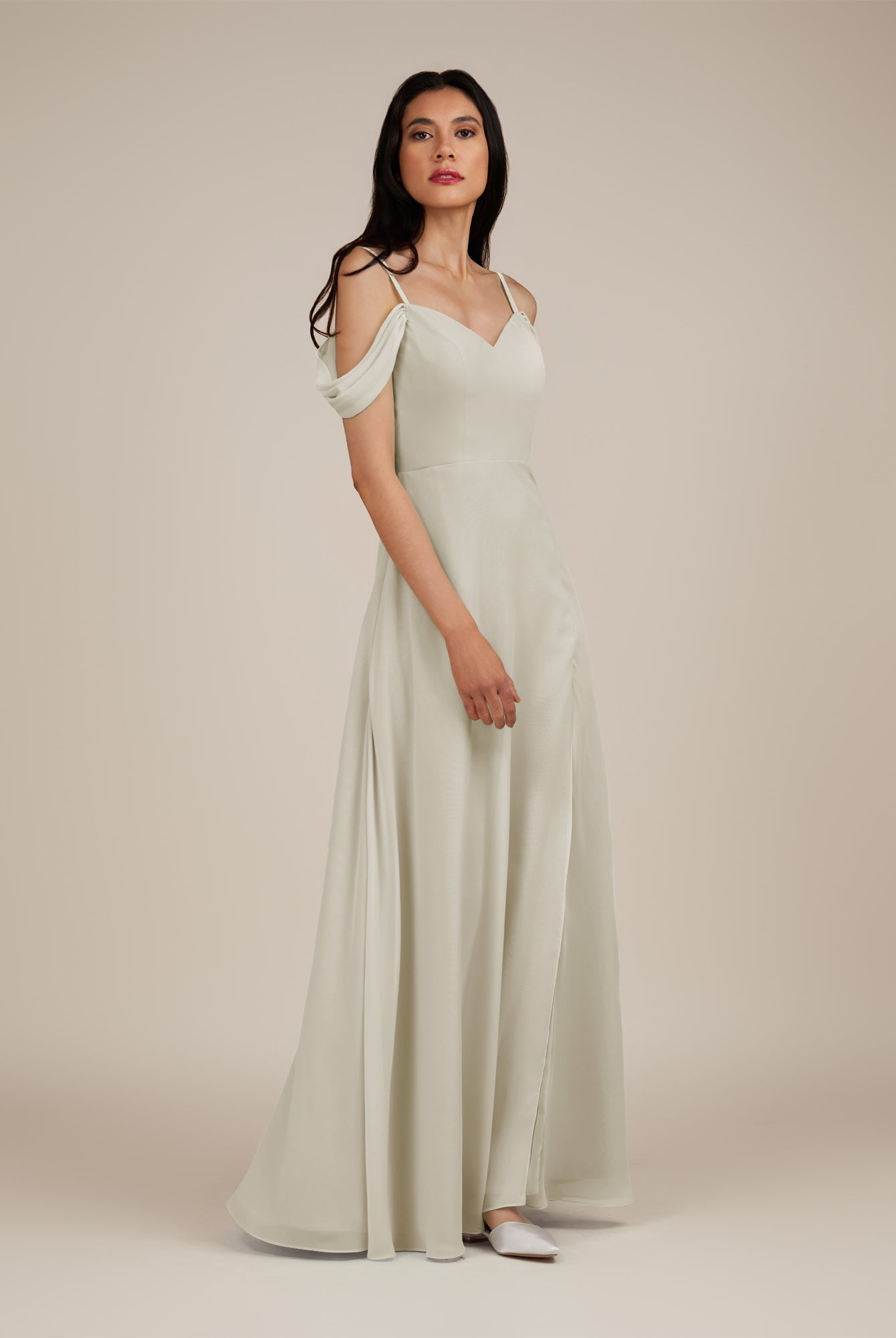 KissDress-Agate Dove Gray A Line Chiffon Off the Shoulder Long Bridesmaid Dress