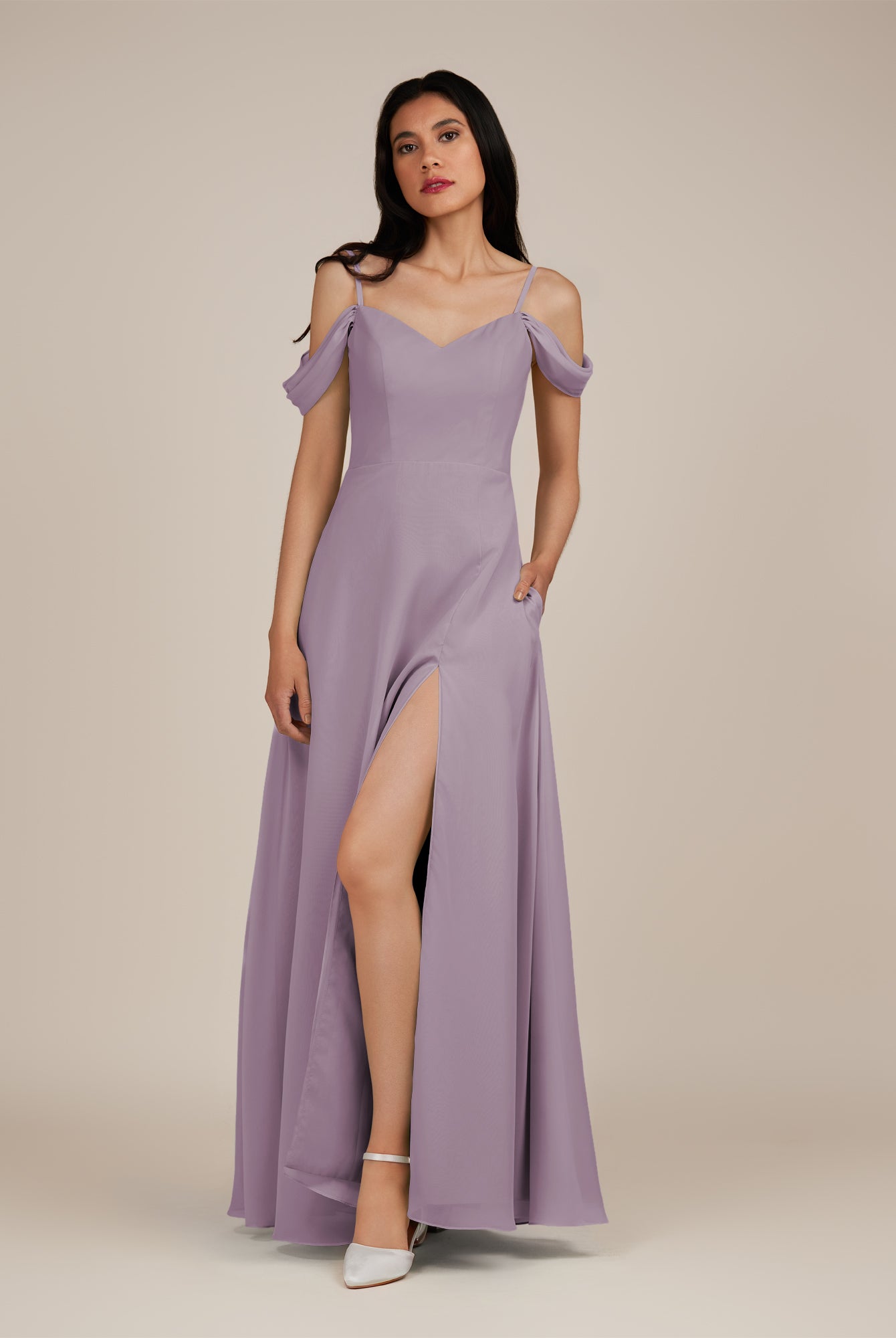 KissDress-Agate Dusk A Line Chiffon Off the Shoulder Long Bridesmaid Dress