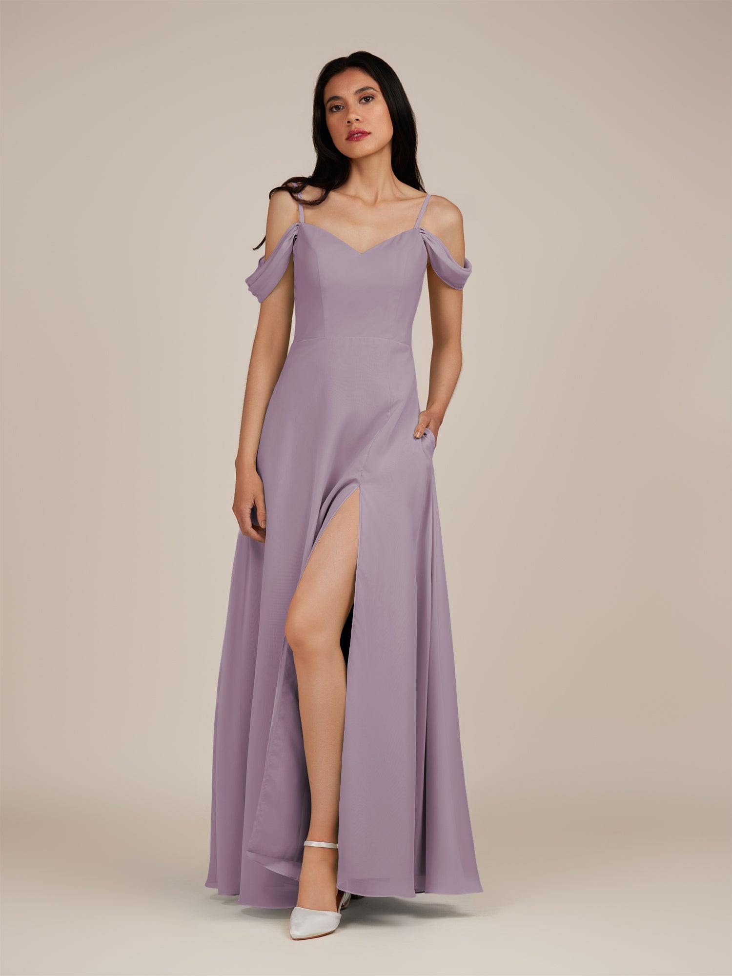 KissDress-Agate Dusk A Line Chiffon Off the Shoulder Long Bridesmaid Dress