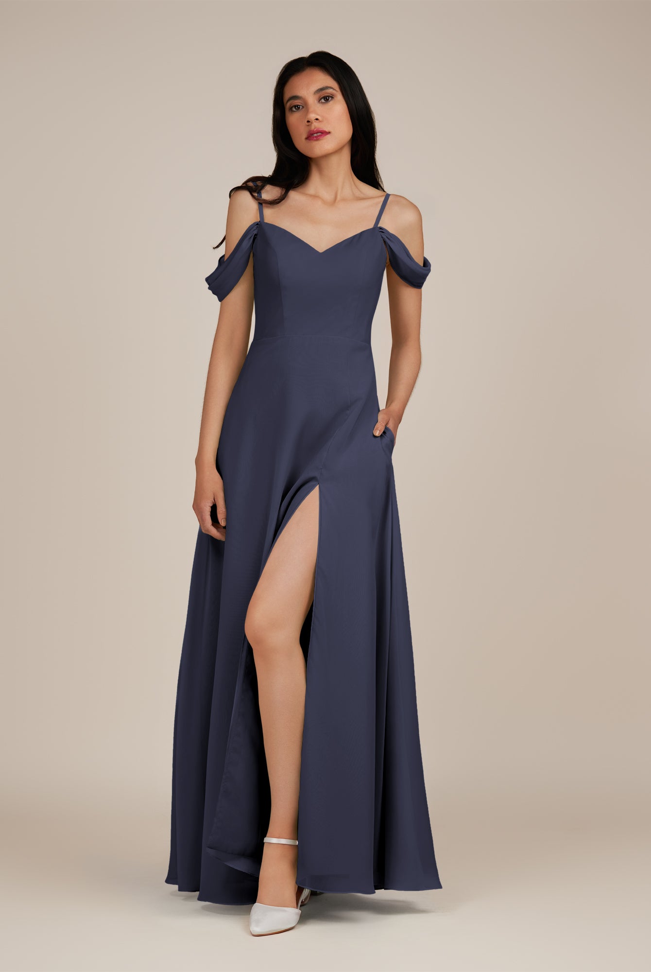 KissDress-Agate Dusk Blue A Line Chiffon Off the Shoulder Long Bridesmaid Dress
