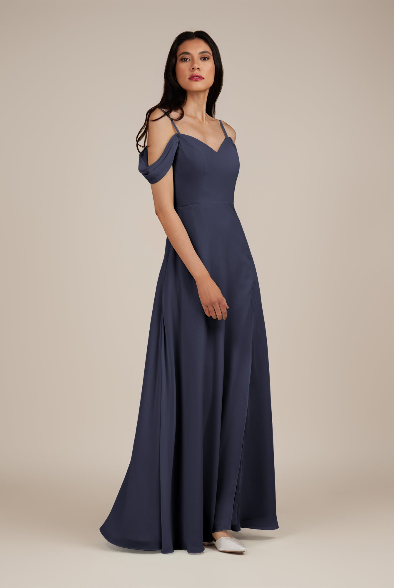 KissDress-Agate Dusk Blue A Line Chiffon Off the Shoulder Long Bridesmaid Dress
