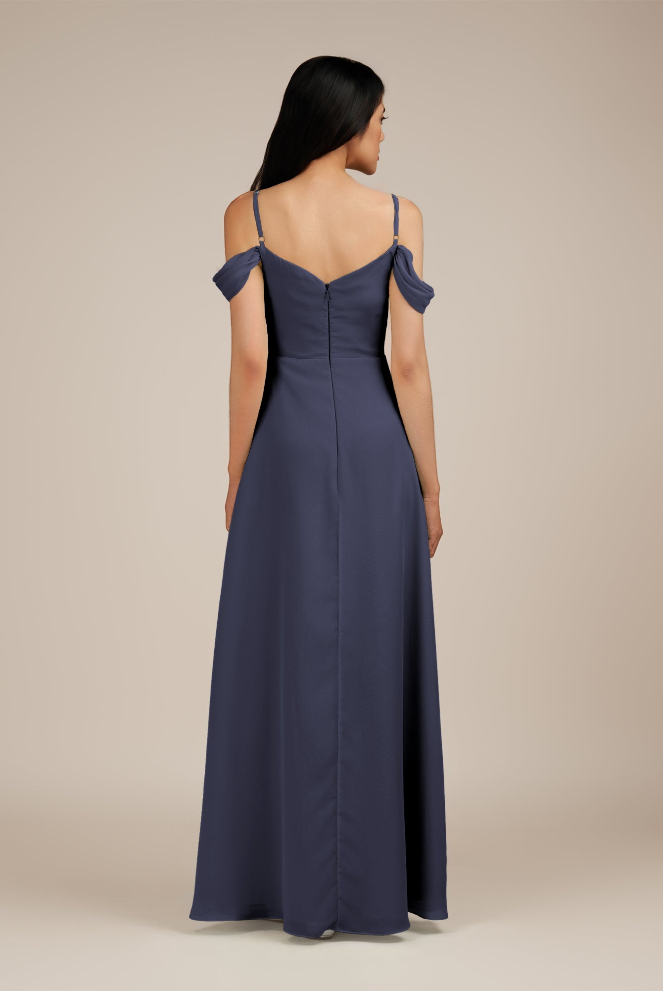KissDress-Agate Dusk Blue A Line Chiffon Off the Shoulder Long Bridesmaid Dress