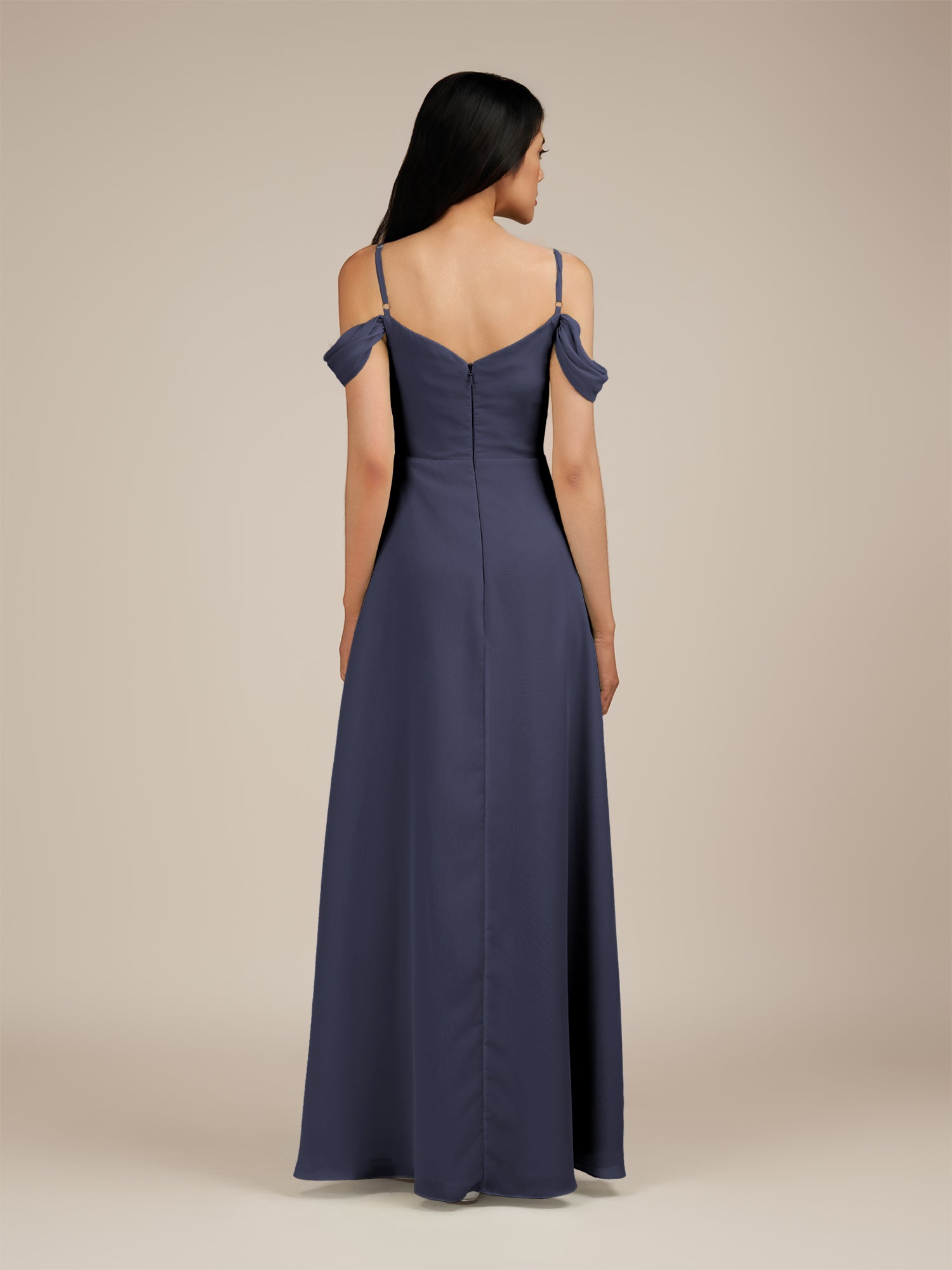 KissDress-Agate Dusk Blue A Line Chiffon Off the Shoulder Long Bridesmaid Dress