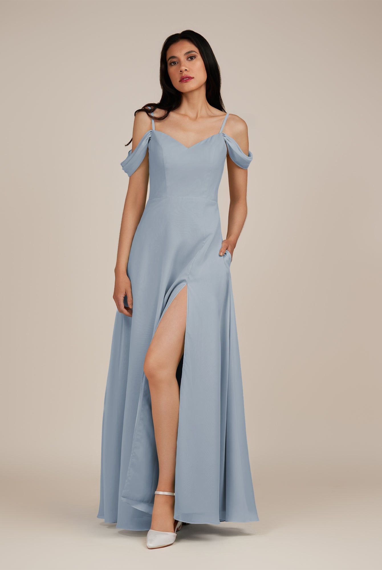 KissDress-Agate Dusty Blue A Line Chiffon Off the Shoulder Long Bridesmaid Dress