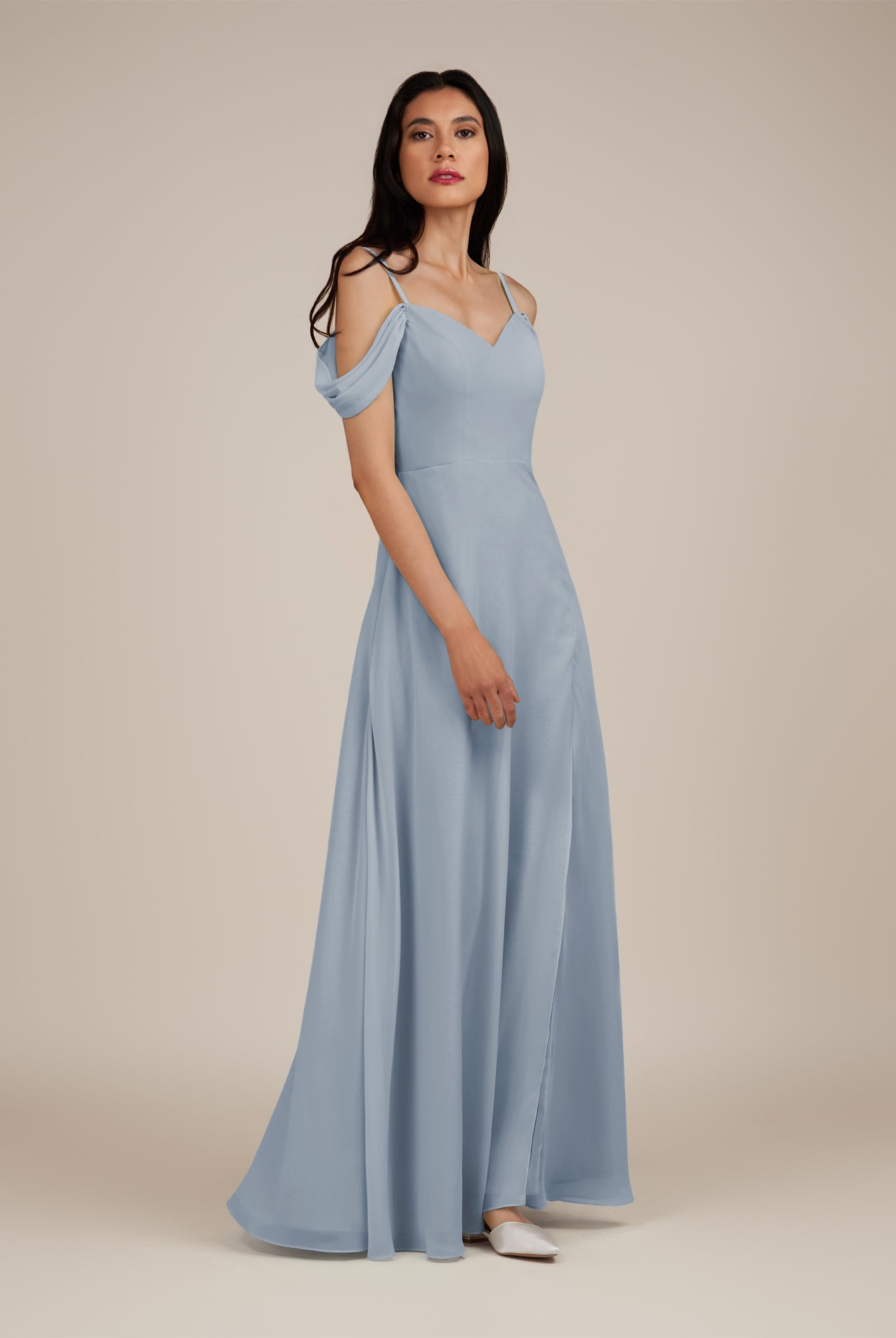 KissDress-Agate Dusty Blue A Line Chiffon Off the Shoulder Long Bridesmaid Dress