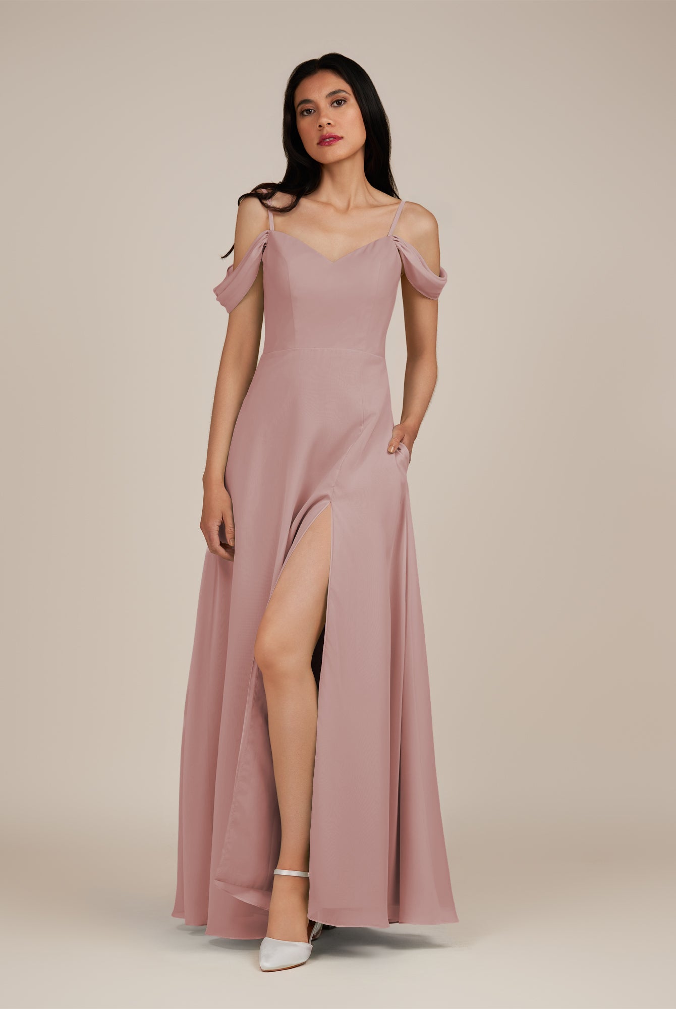 KissDress-Agate Dusty Rose A Line Chiffon Off the Shoulder Long Bridesmaid Dress