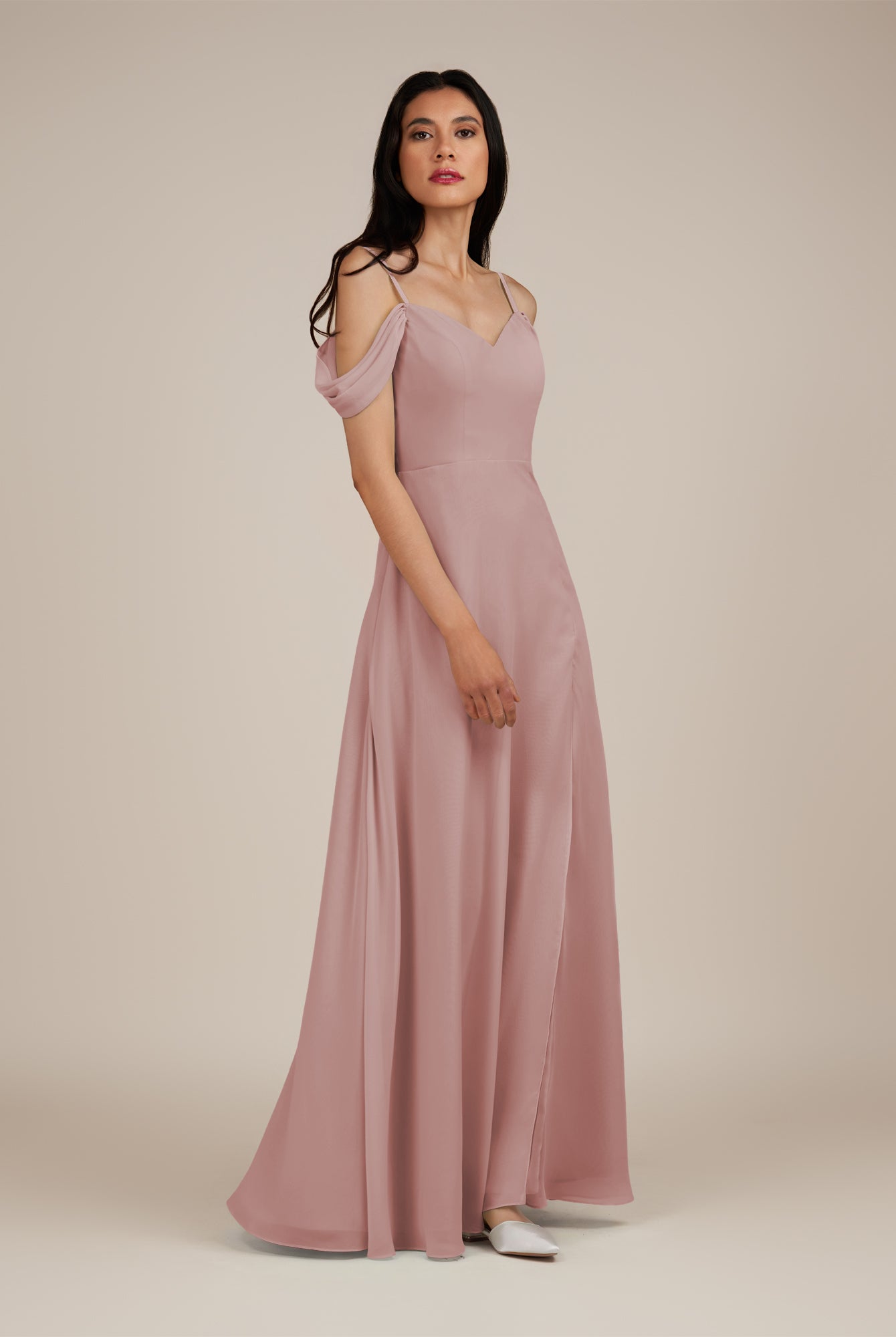 KissDress-Agate Dusty Rose A Line Chiffon Off the Shoulder Long Bridesmaid Dress