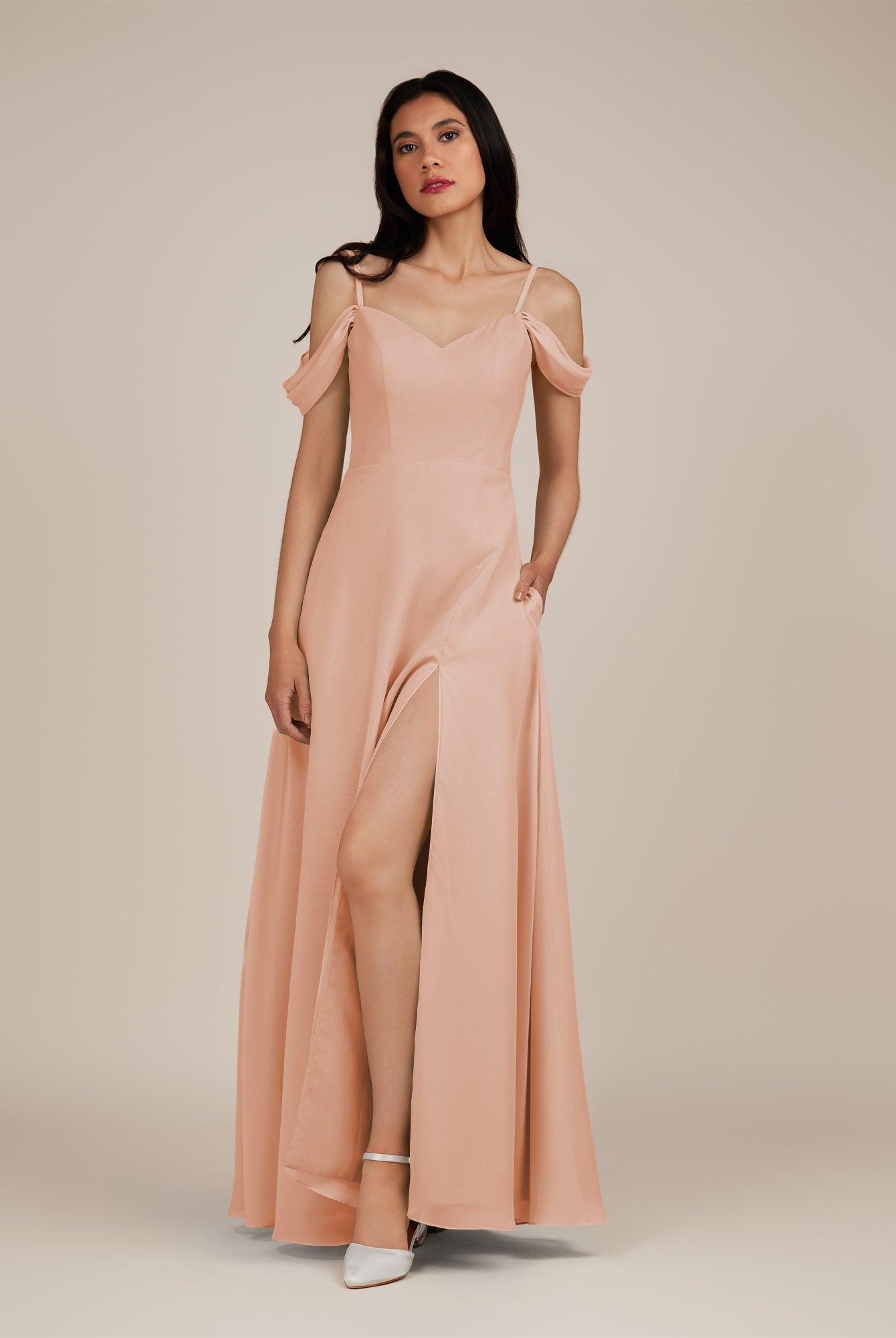KissDress-Agate English Rose A Line Chiffon Off the Shoulder Long Bridesmaid Dress