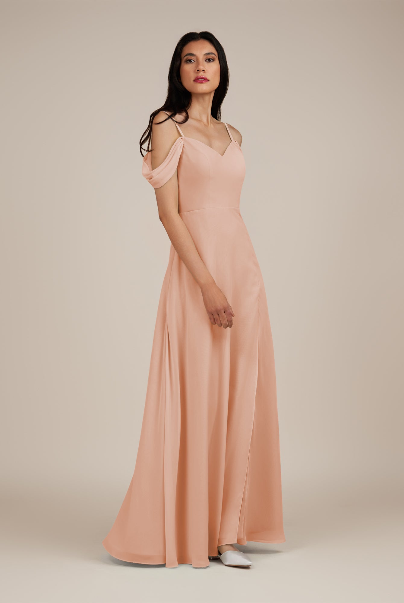 KissDress-Agate English Rose A Line Chiffon Off the Shoulder Long Bridesmaid Dress