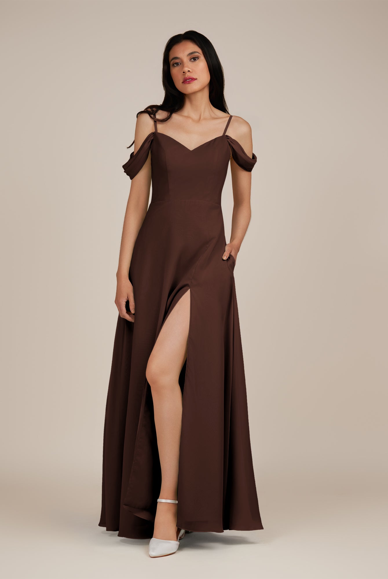 KissDress-Agate Espresso A Line Chiffon Off the Shoulder Long Bridesmaid Dress