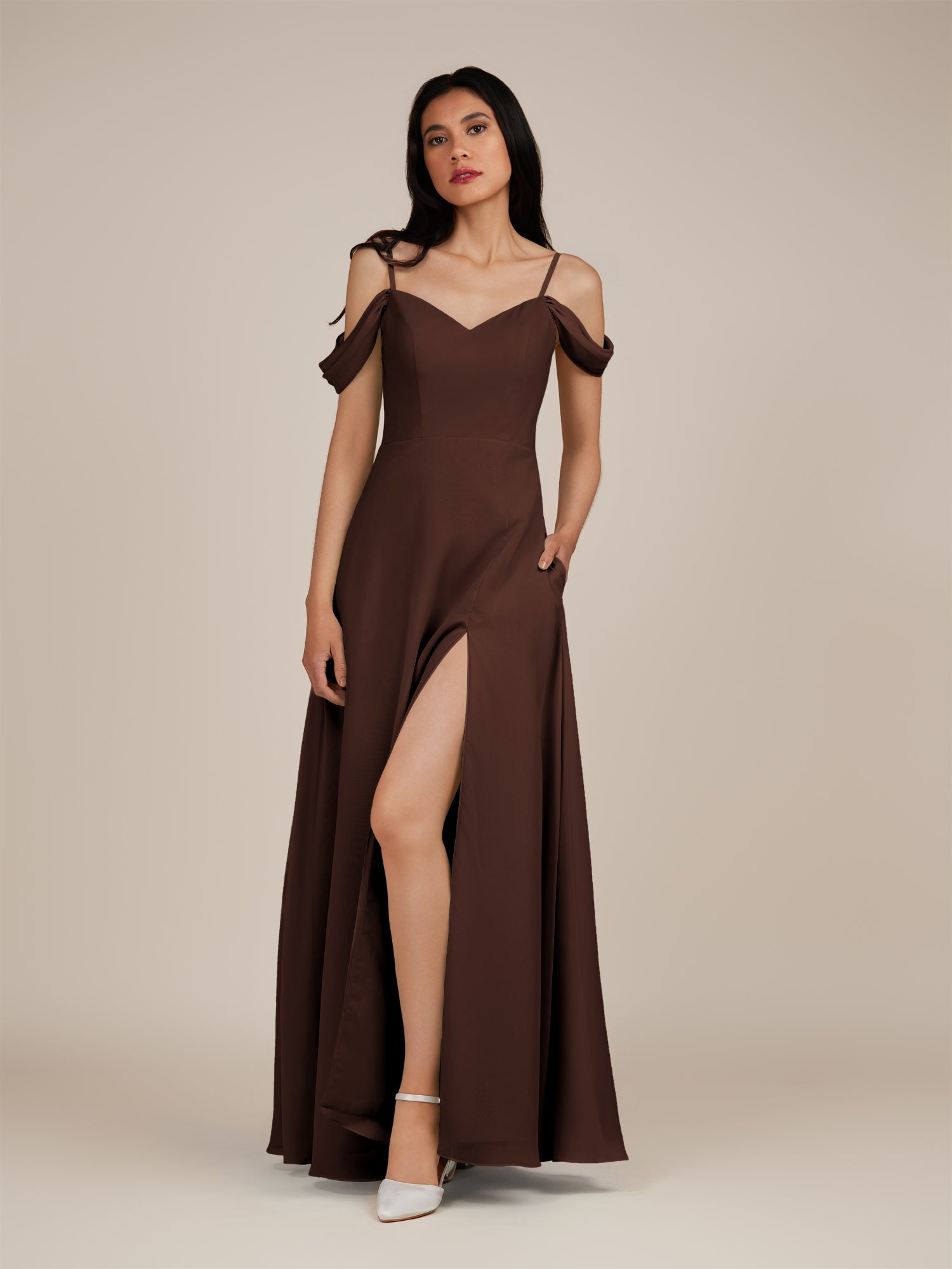KissDress-Agate Espresso A Line Chiffon Off the Shoulder Long Bridesmaid Dress