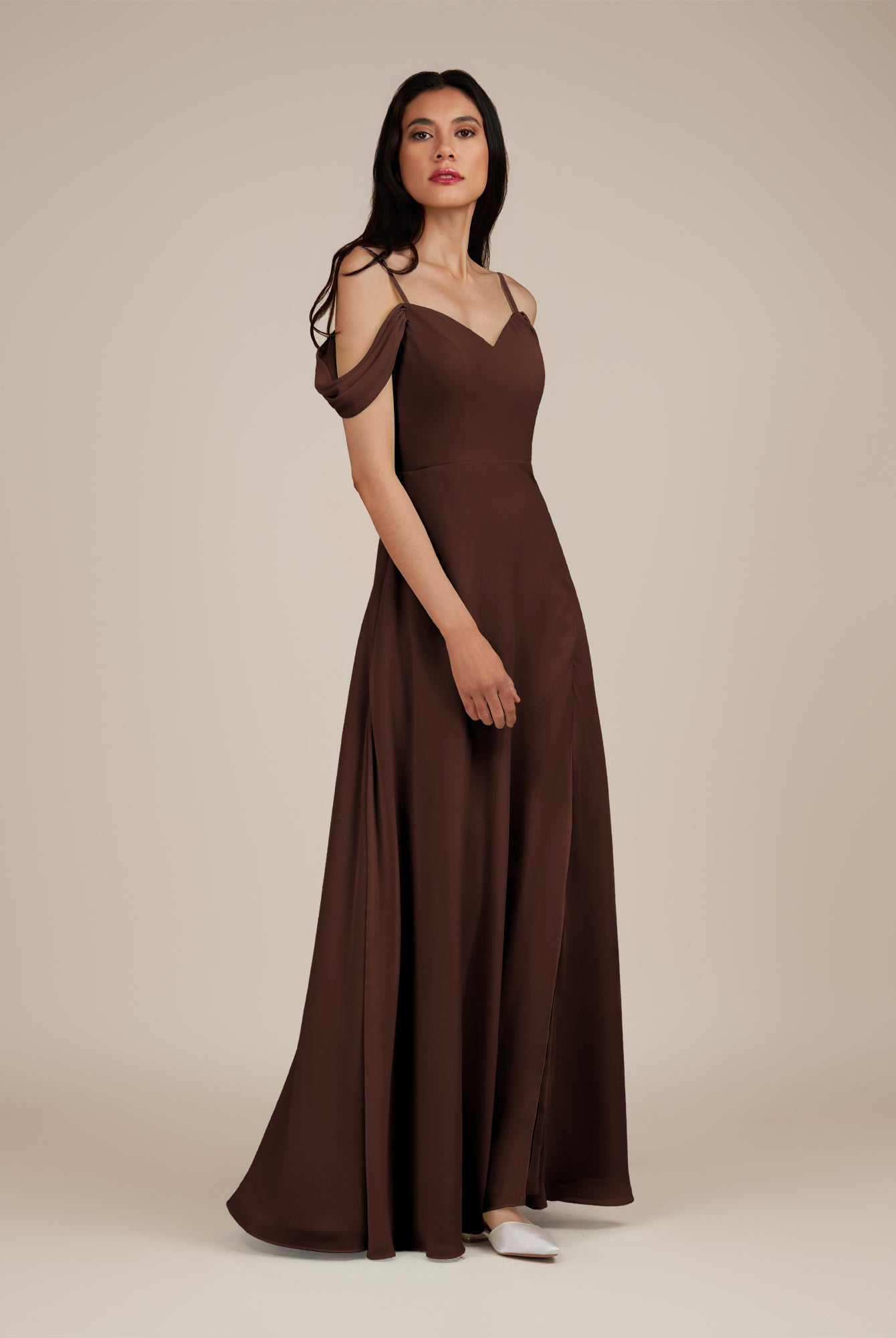 KissDress-Agate Espresso A Line Chiffon Off the Shoulder Long Bridesmaid Dress