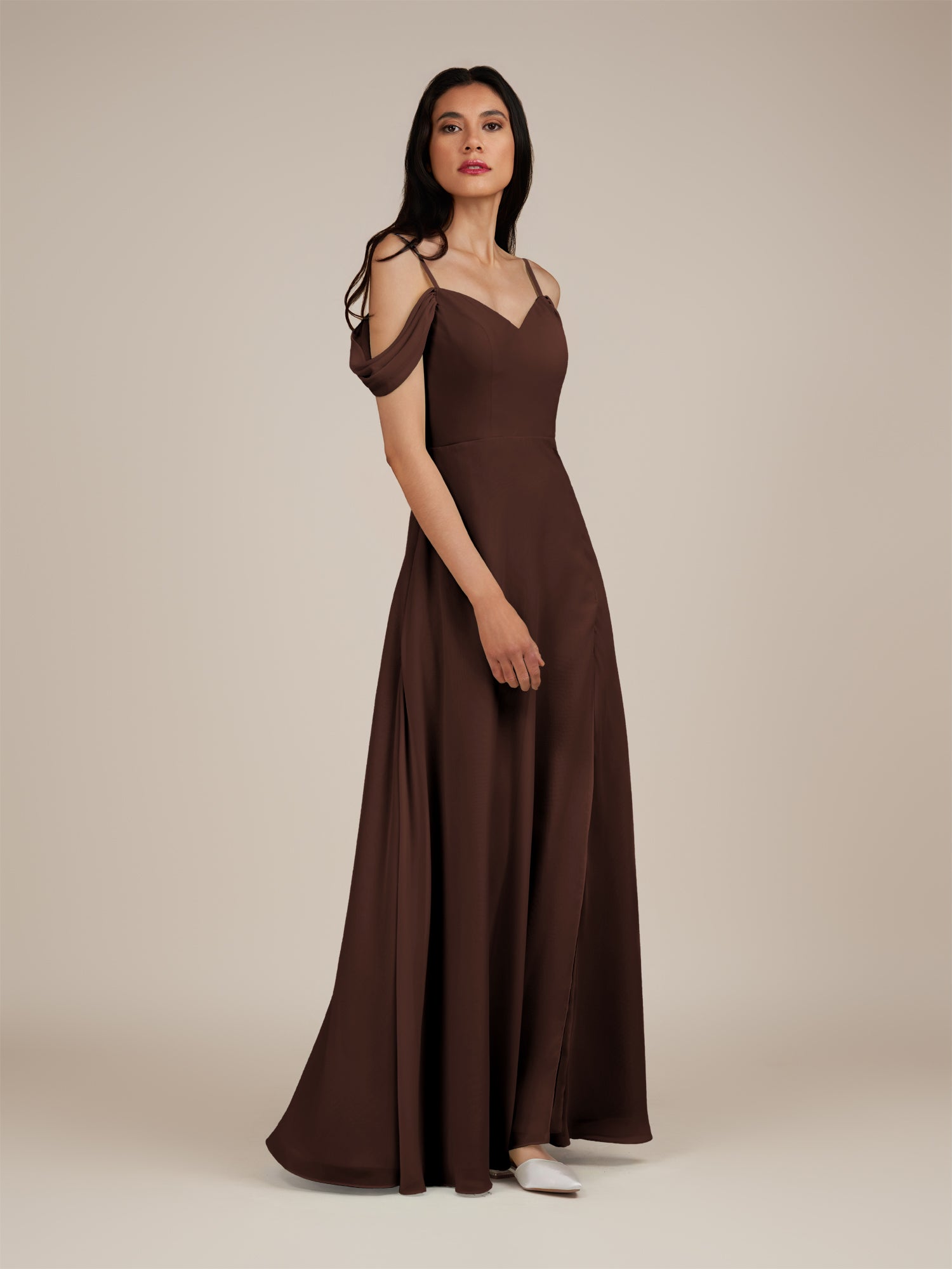 KissDress-Agate Espresso A Line Chiffon Off the Shoulder Long Bridesmaid Dress