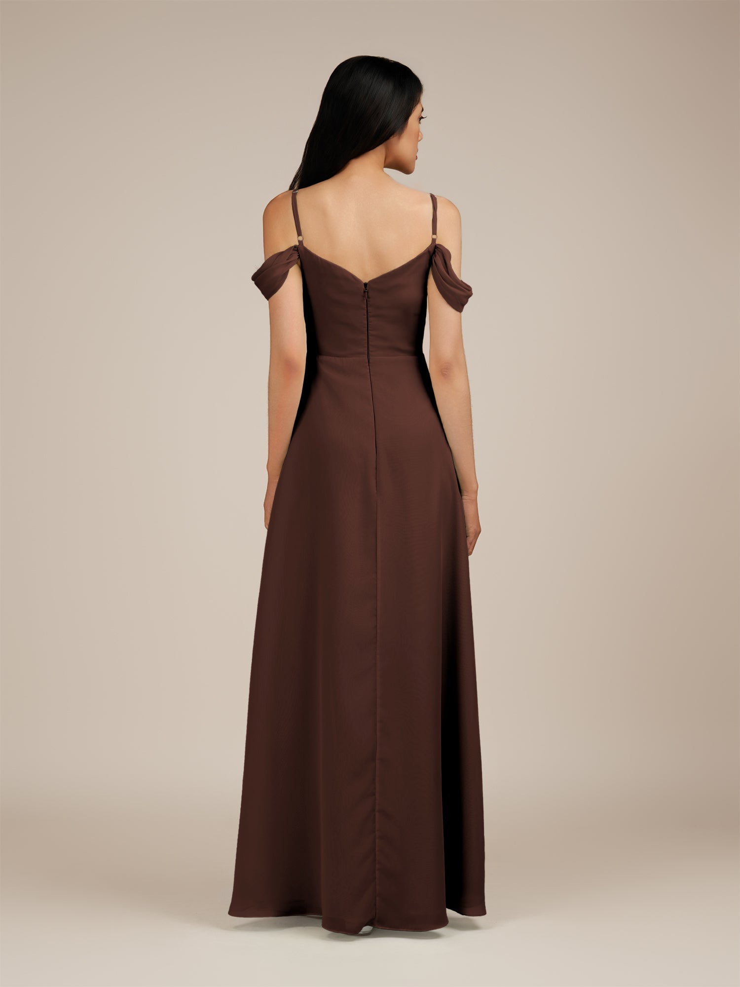 KissDress-Agate Espresso A Line Chiffon Off the Shoulder Long Bridesmaid Dress