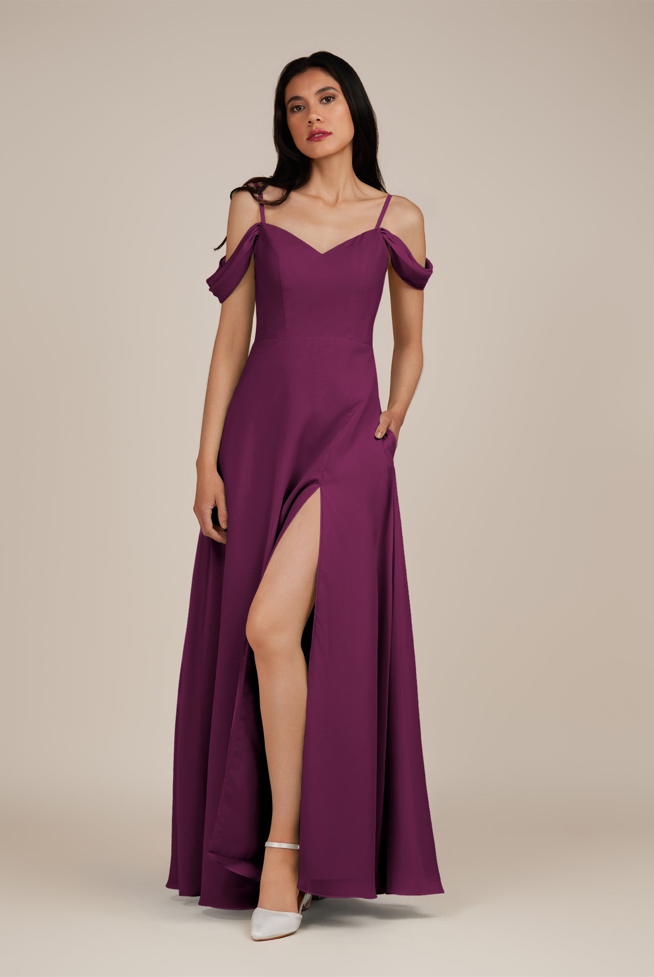 KissDress-Agate Fig A Line Chiffon Off the Shoulder Long Bridesmaid Dress