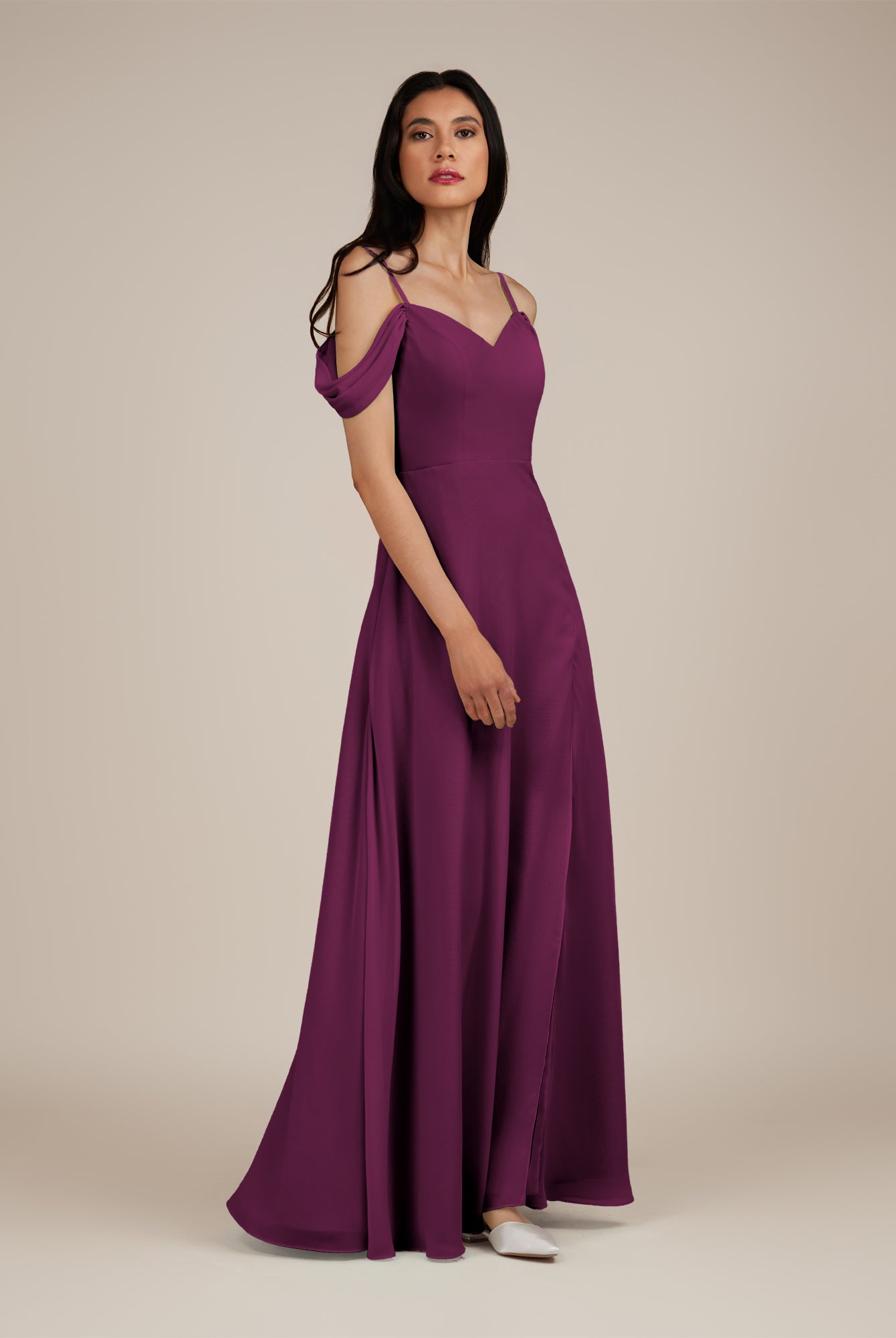 KissDress-Agate Fig A Line Chiffon Off the Shoulder Long Bridesmaid Dress