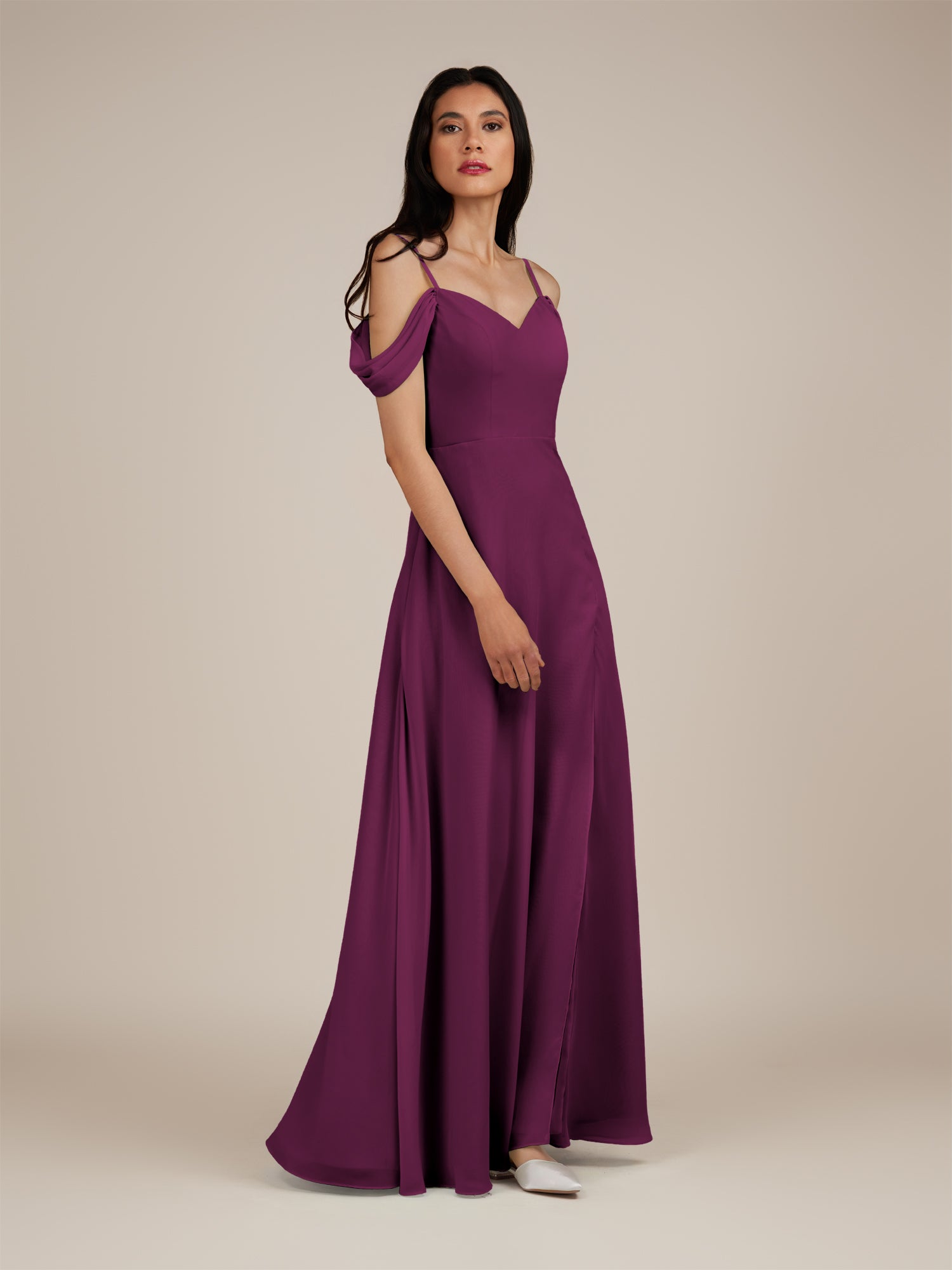 KissDress-Agate Fig A Line Chiffon Off the Shoulder Long Bridesmaid Dress