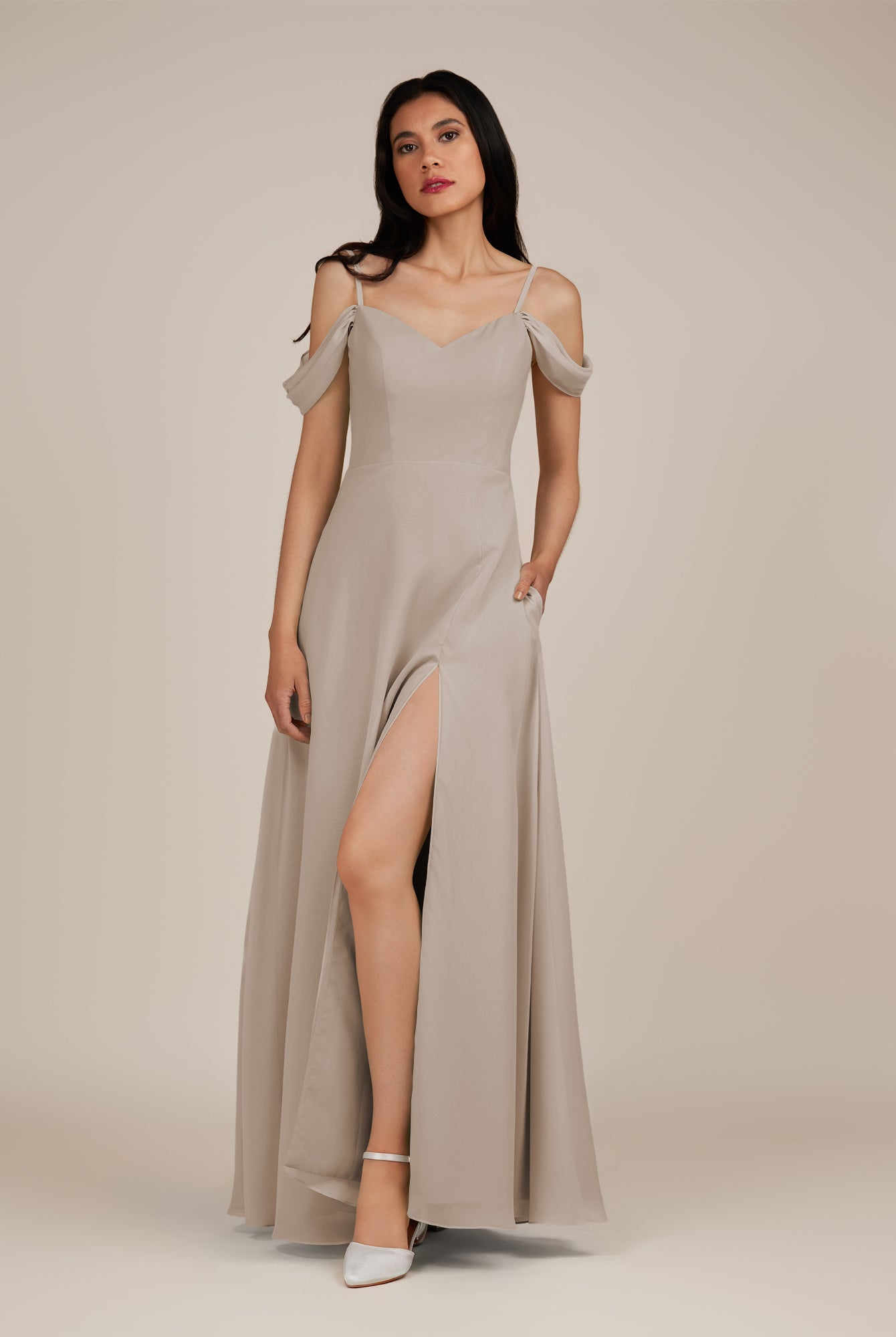 KissDress-Agate Frost A Line Chiffon Off the Shoulder Long Bridesmaid Dress