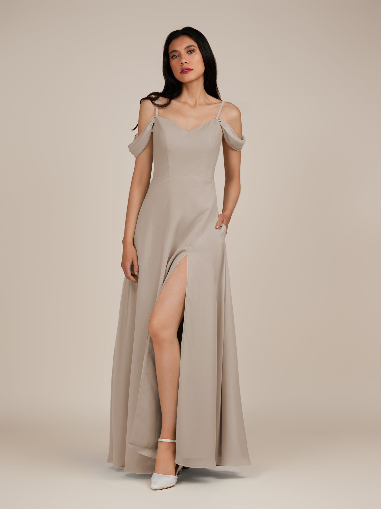 KissDress-Agate Frost A Line Chiffon Off the Shoulder Long Bridesmaid Dress