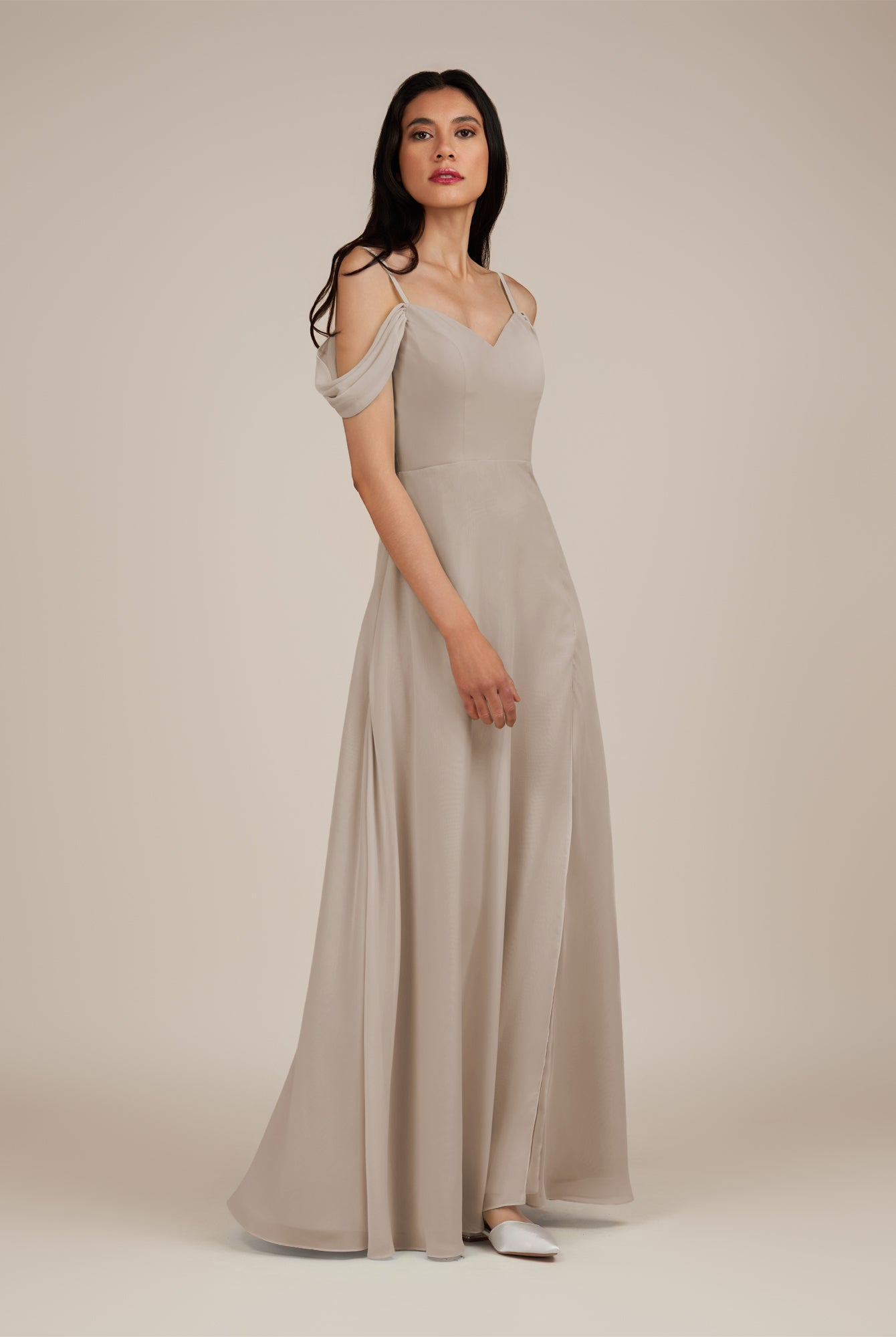 KissDress-Agate Frost A Line Chiffon Off the Shoulder Long Bridesmaid Dress
