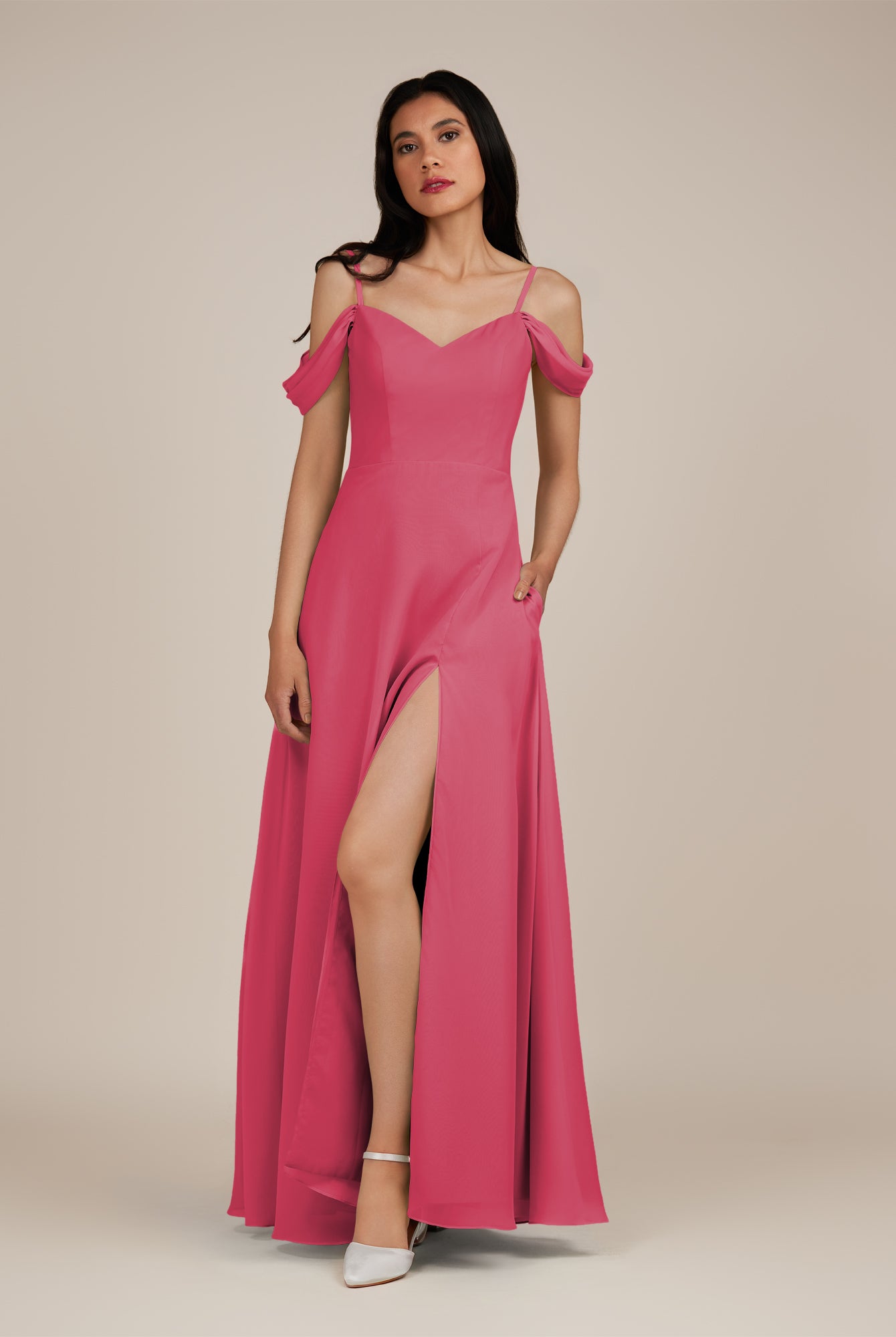 KissDress-Agate Fuchsia A Line Chiffon Off the Shoulder Long Bridesmaid Dress