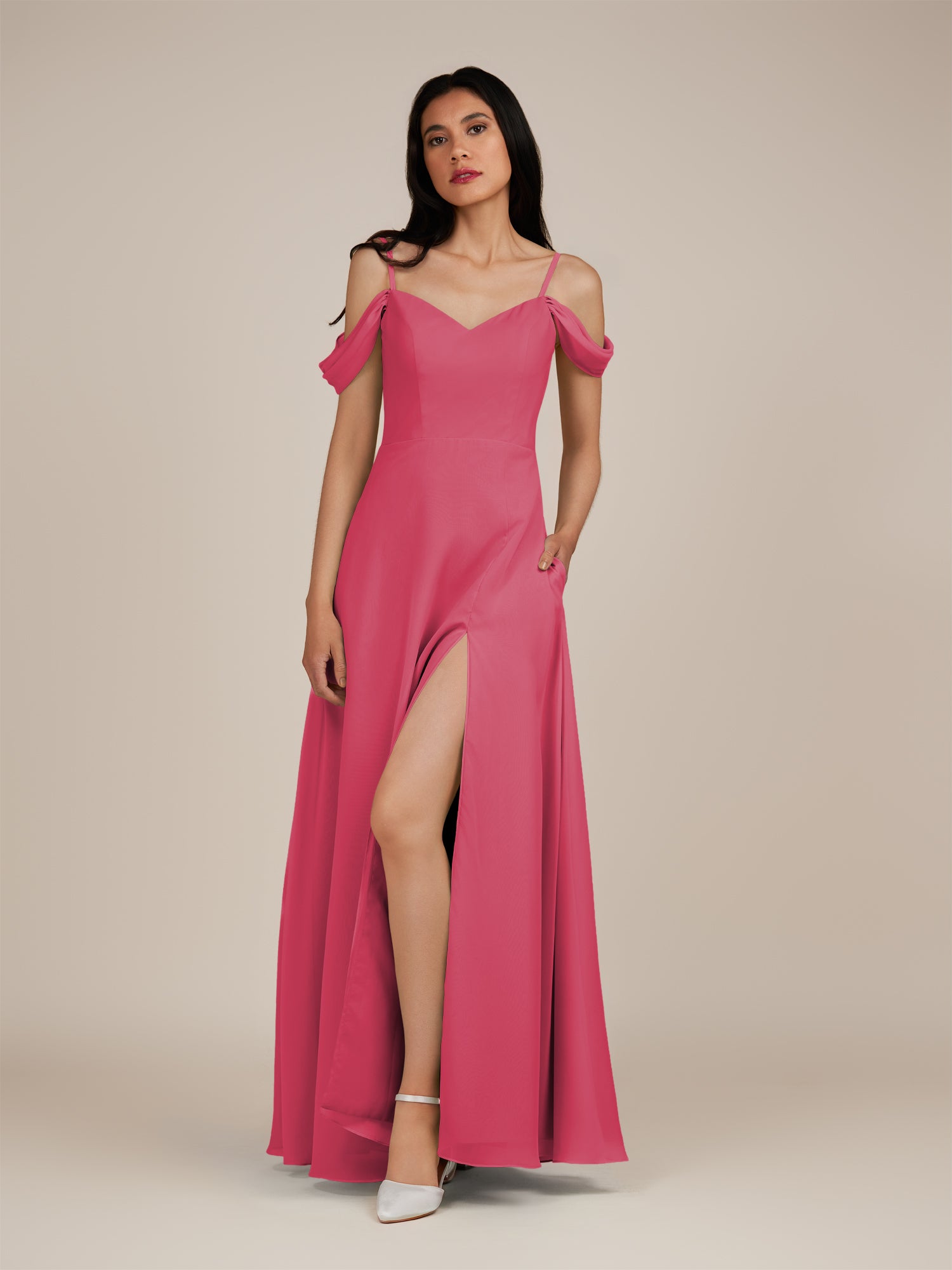 KissDress-Agate Fuchsia A Line Chiffon Off the Shoulder Long Bridesmaid Dress