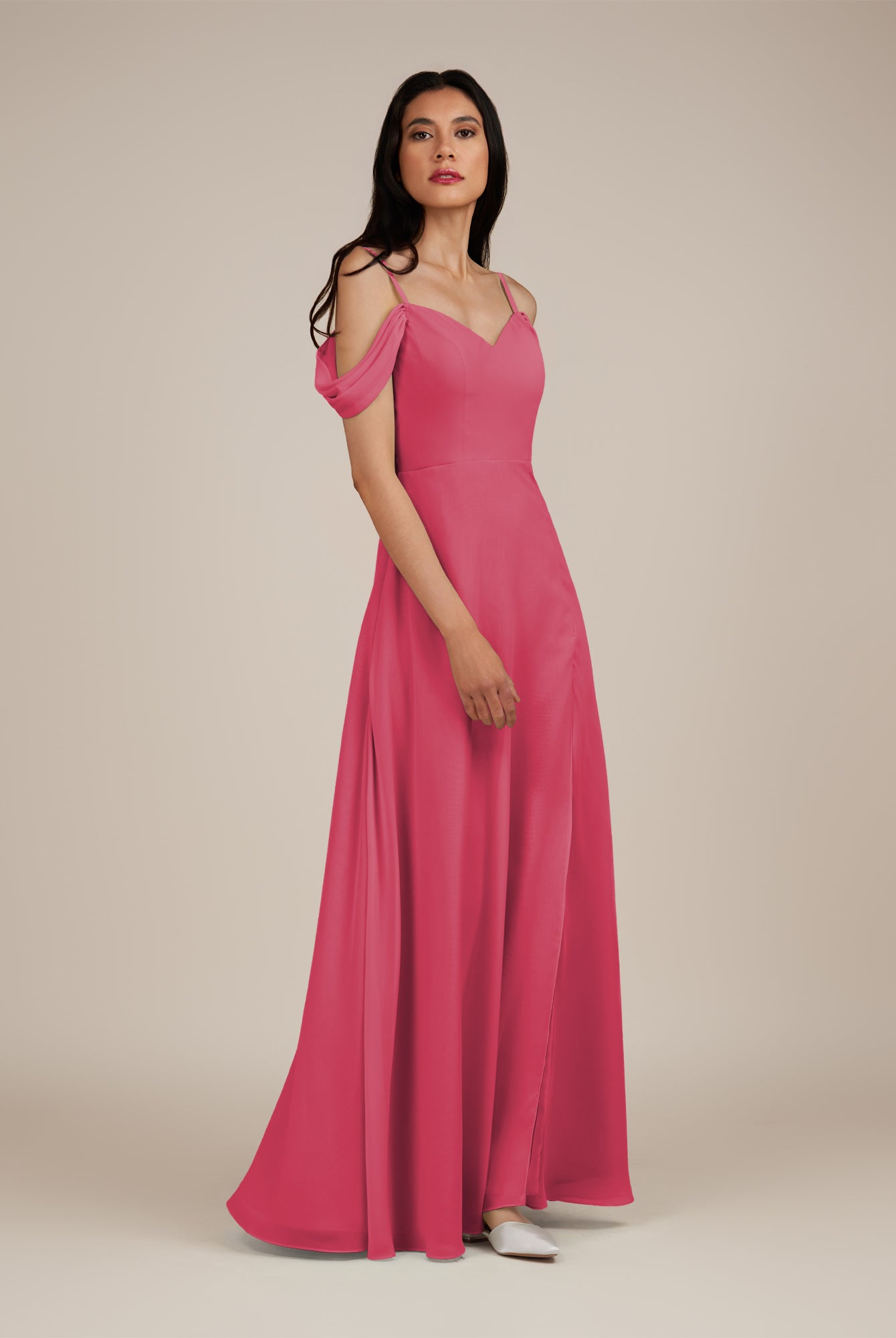 KissDress-Agate Fuchsia A Line Chiffon Off the Shoulder Long Bridesmaid Dress
