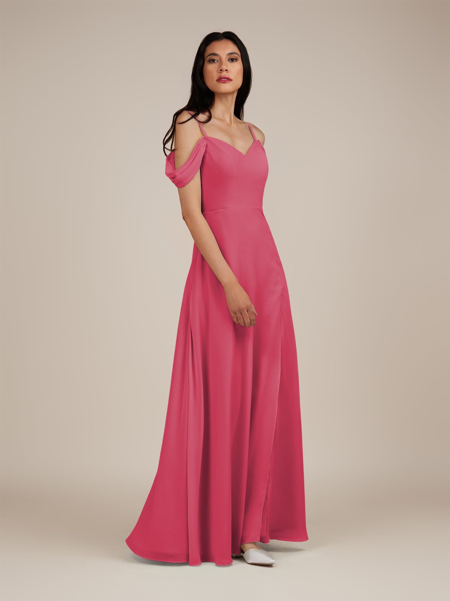 KissDress-Agate Fuchsia A Line Chiffon Off the Shoulder Long Bridesmaid Dress