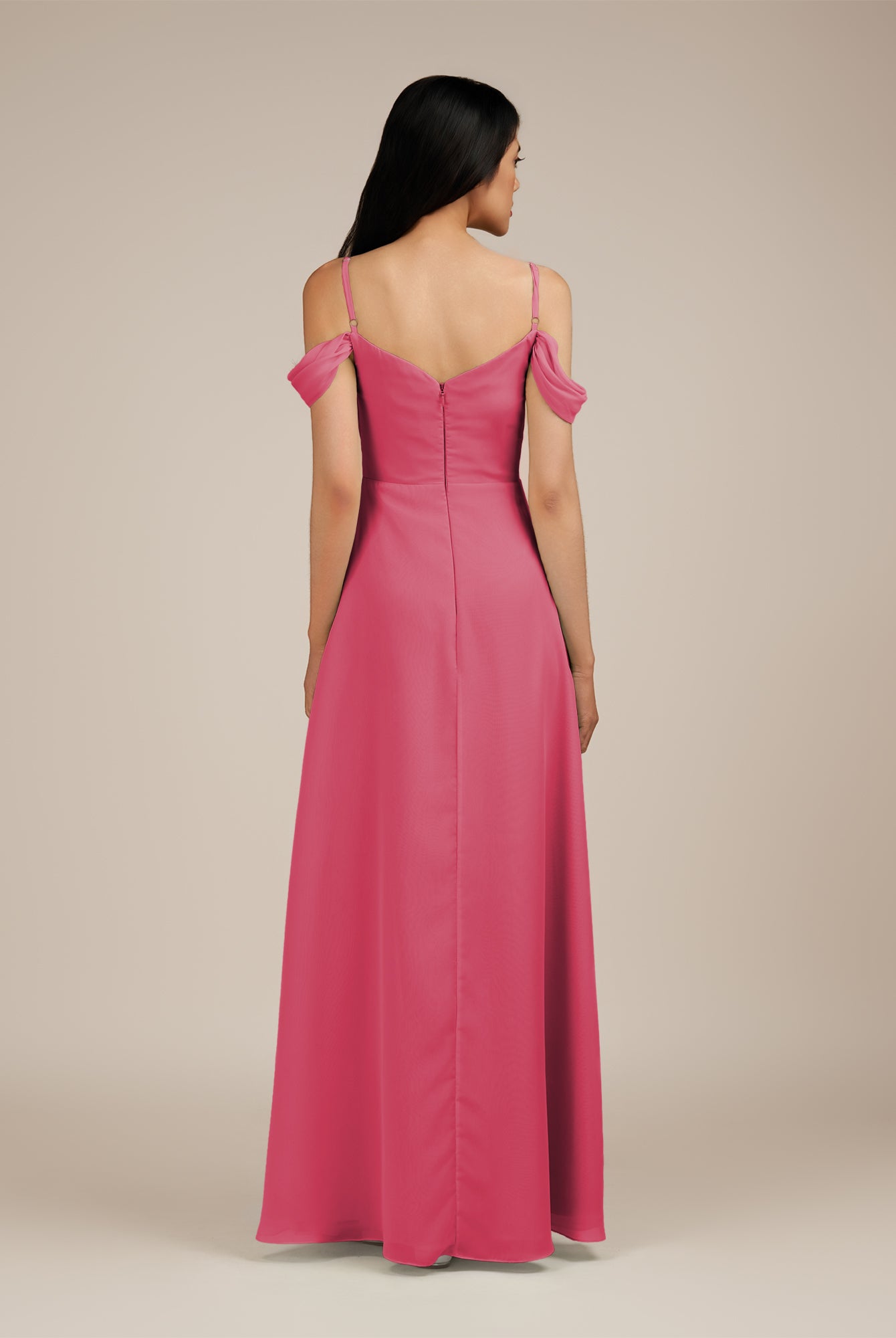 KissDress-Agate Fuchsia A Line Chiffon Off the Shoulder Long Bridesmaid Dress