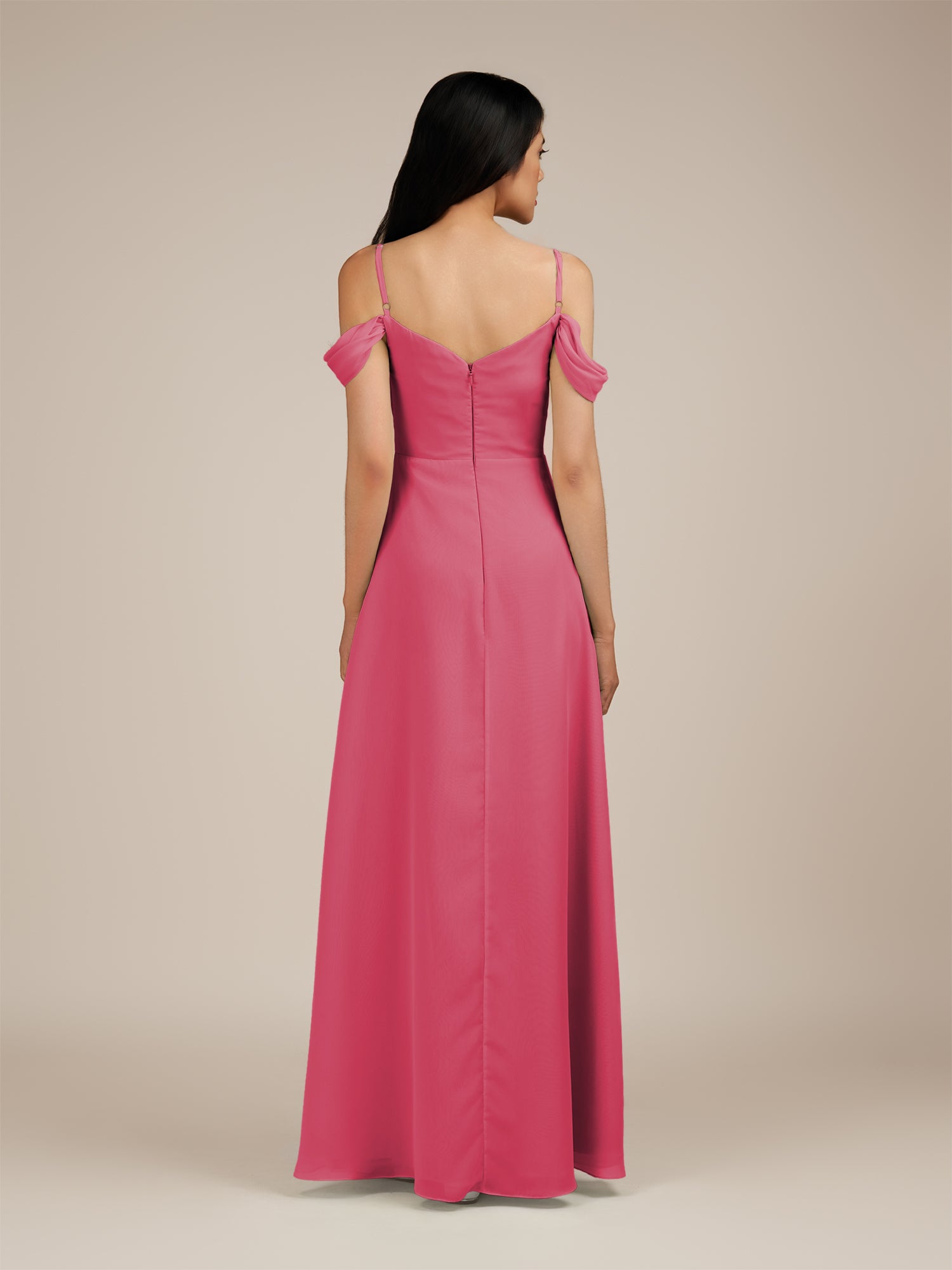 KissDress-Agate Fuchsia A Line Chiffon Off the Shoulder Long Bridesmaid Dress