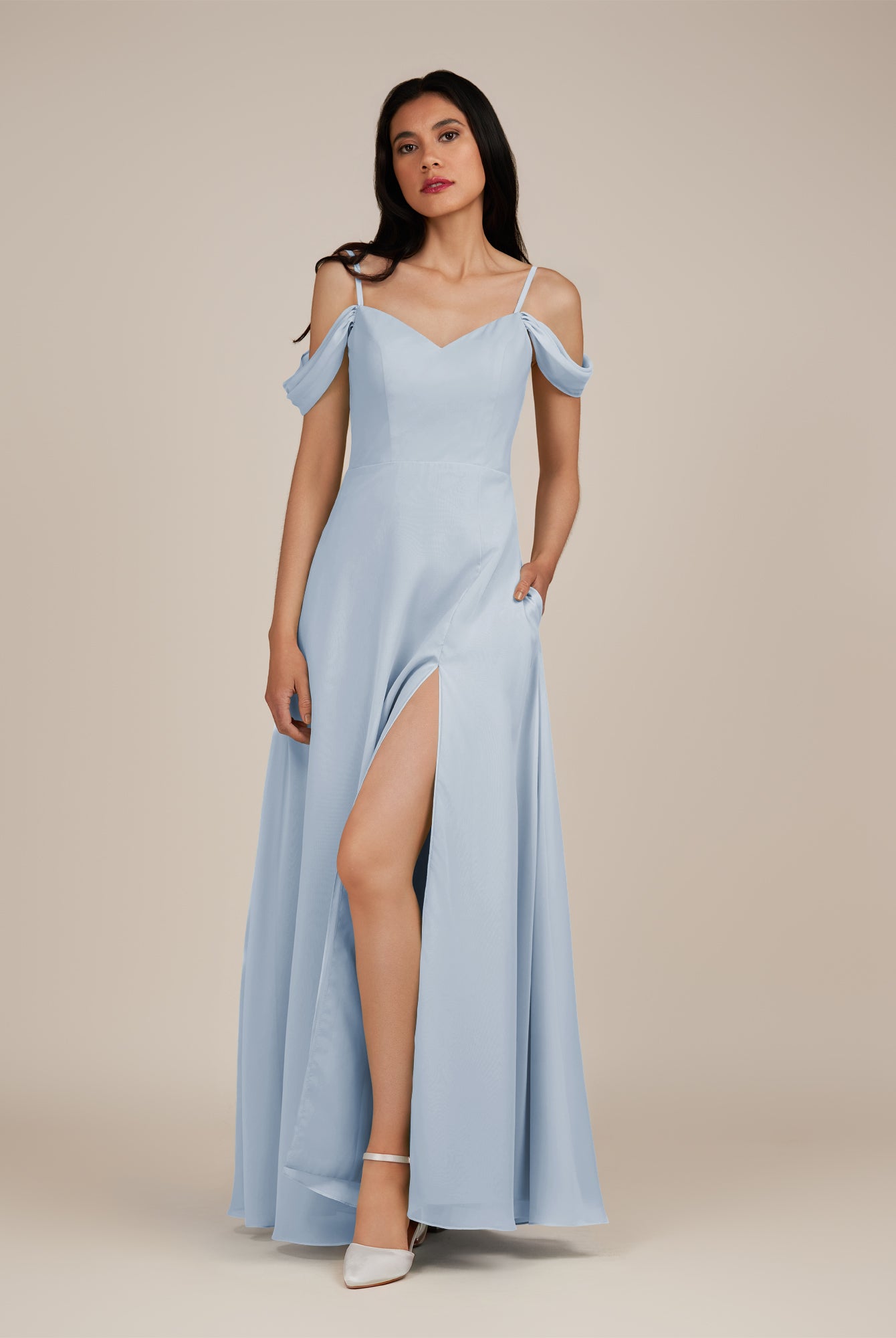 KissDress-Agate Ice A Line Chiffon Off the Shoulder Long Bridesmaid Dress