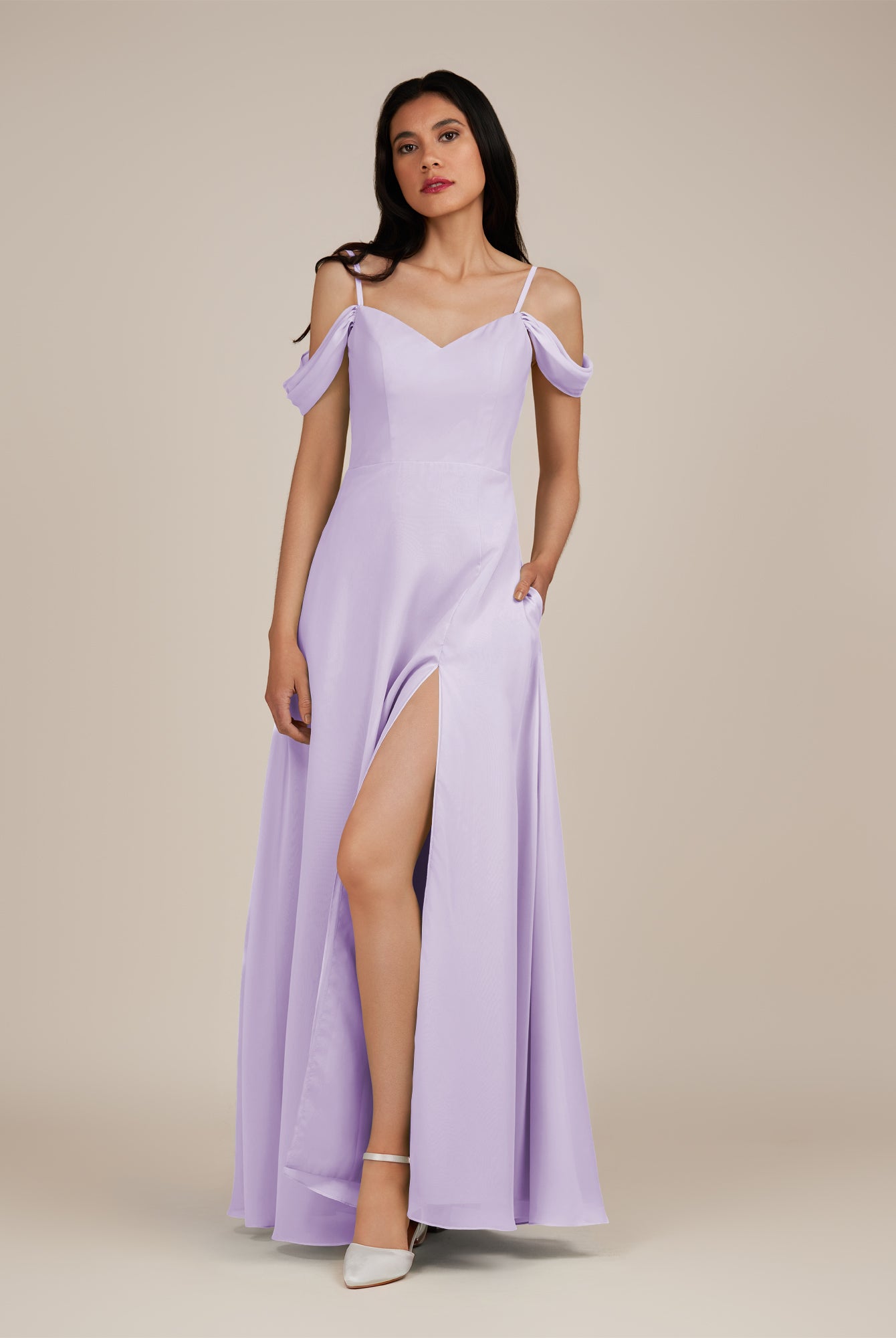 KissDress-Agate Lavender A Line Chiffon Off the Shoulder Long Bridesmaid Dress