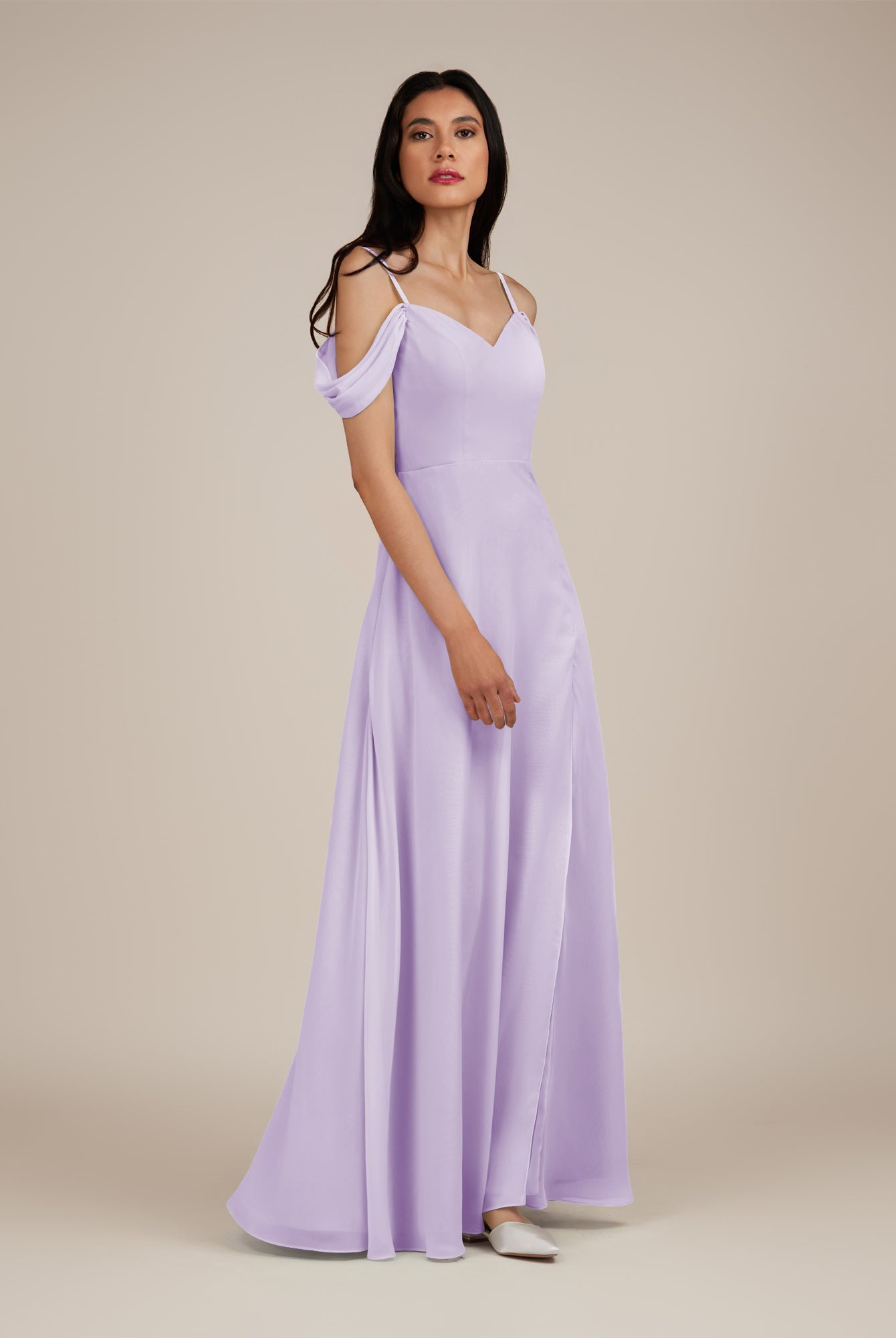 KissDress-Agate Lavender A Line Chiffon Off the Shoulder Long Bridesmaid Dress