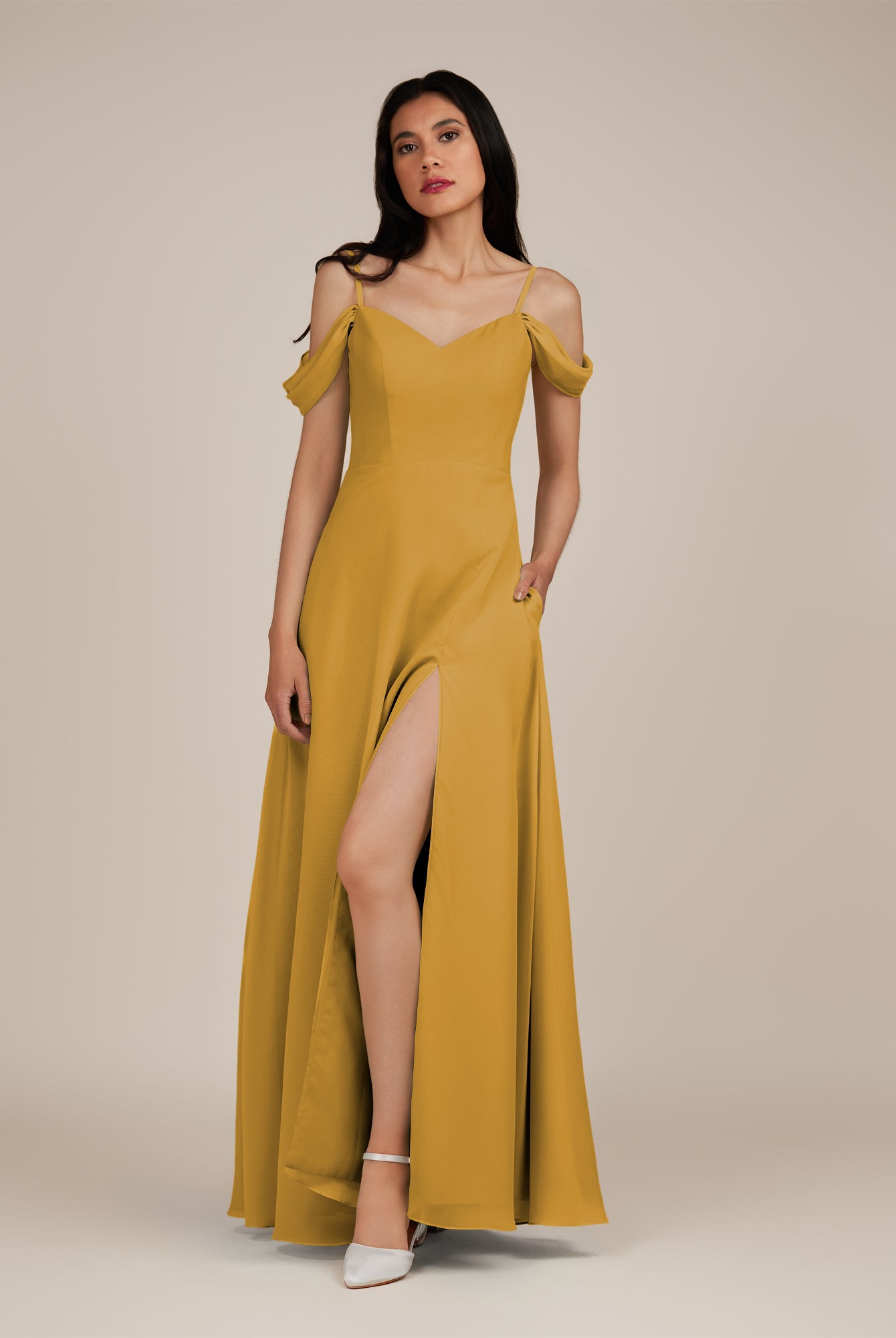 KissDress-Agate Marigold A Line Chiffon Off the Shoulder Long Bridesmaid Dress