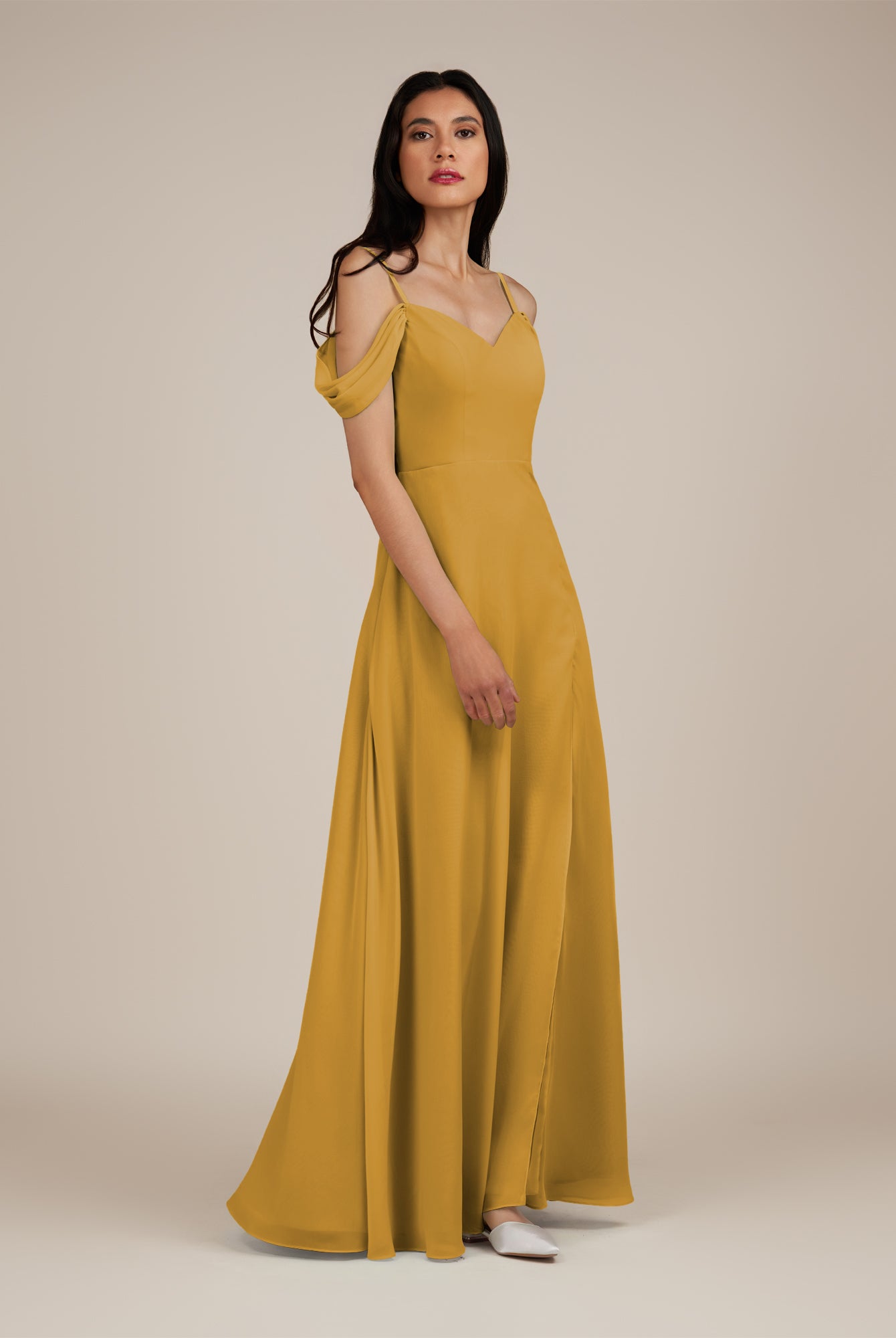 KissDress-Agate Marigold A Line Chiffon Off the Shoulder Long Bridesmaid Dress