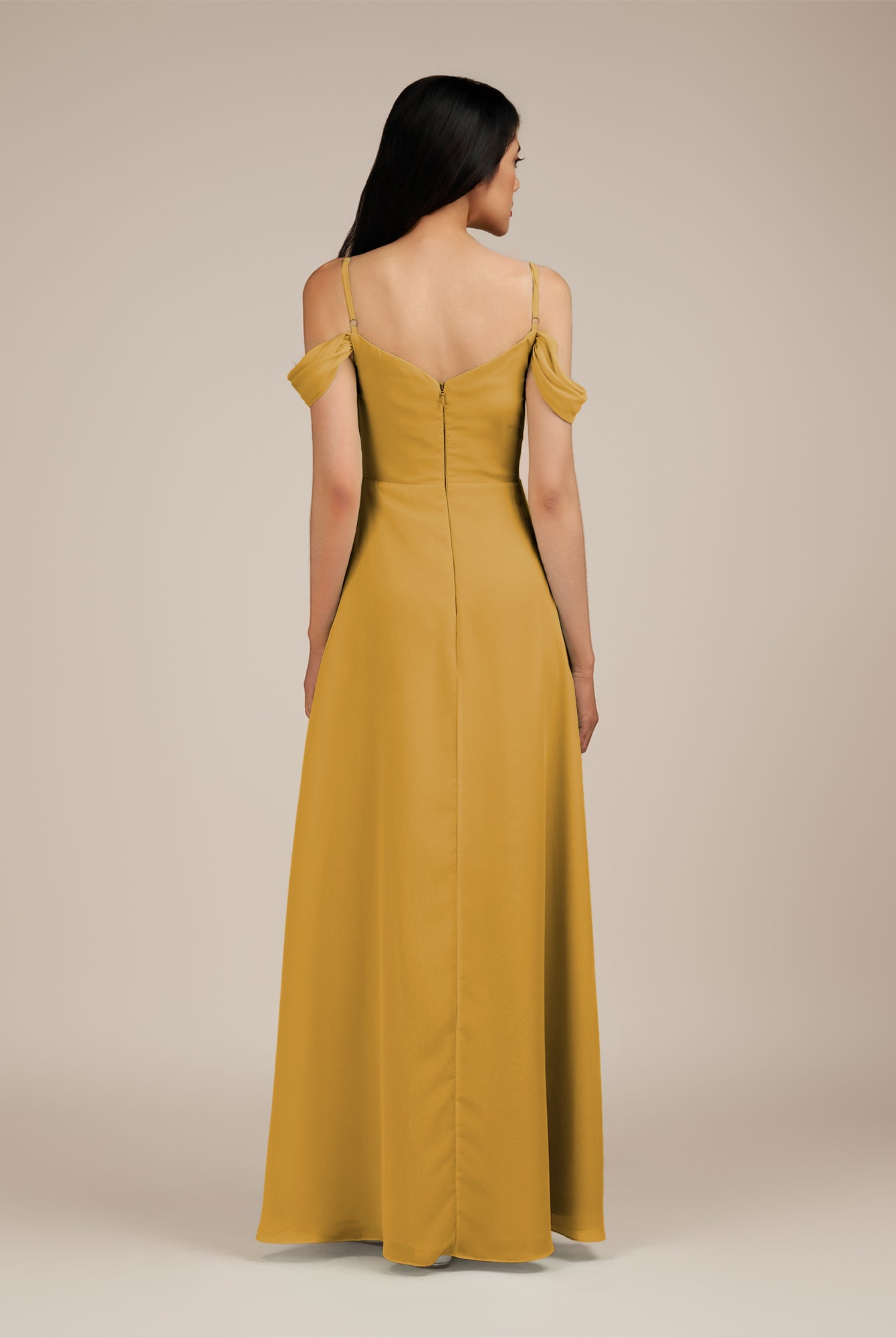 KissDress-Agate Marigold A Line Chiffon Off the Shoulder Long Bridesmaid Dress