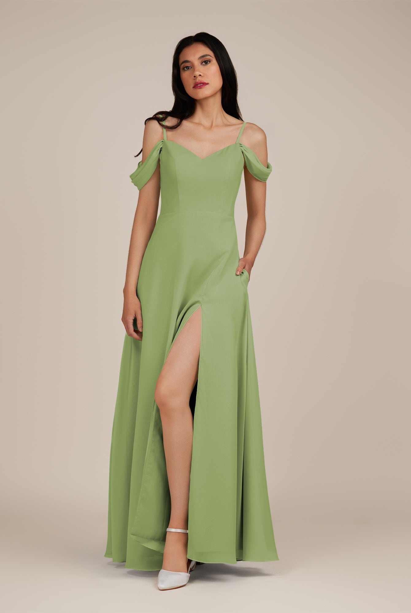KissDress-Agate Matcha A Line Chiffon Off the Shoulder Long Bridesmaid Dress